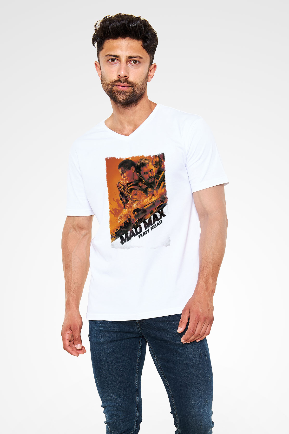 Mad Max Beyaz Unisex V Yaka Tişört