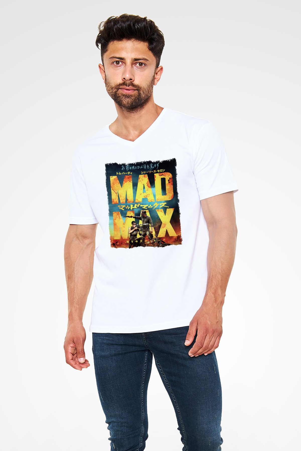 Mad Max Beyaz Unisex V Yaka Tişört