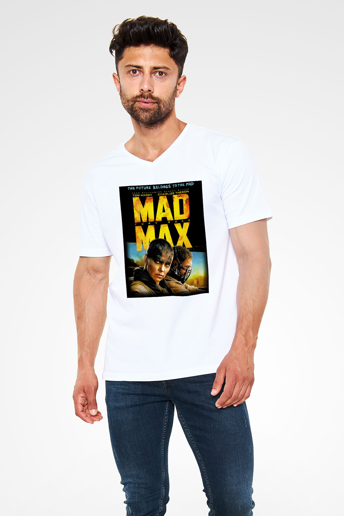 Mad Max Beyaz Unisex V Yaka Tişört T-Shirt