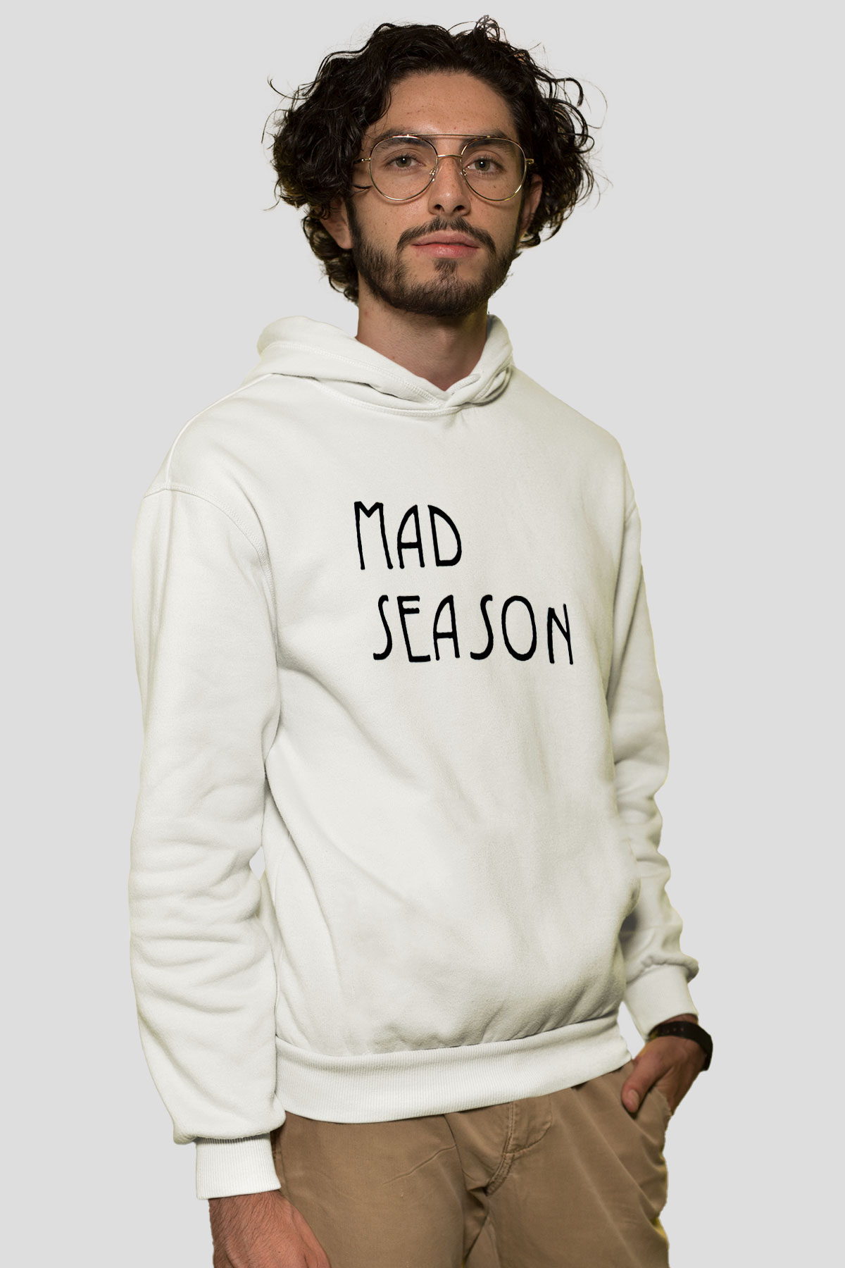Mad Season Baskılı Beyaz Unisex Kapüşonlu Sweatshirt