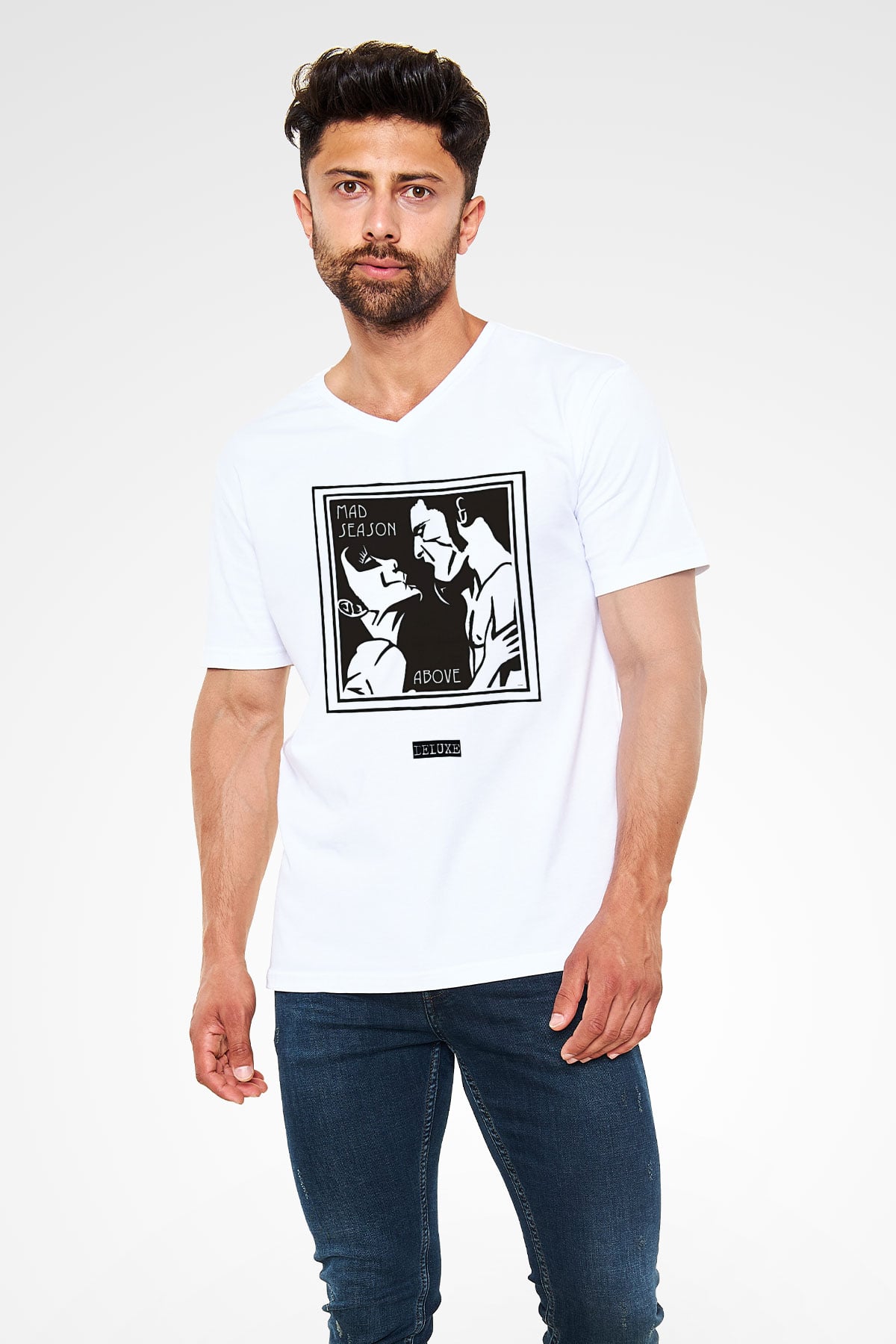 Mad Season Baskılı Beyaz Unisex V Yaka Tişört - Tshirt