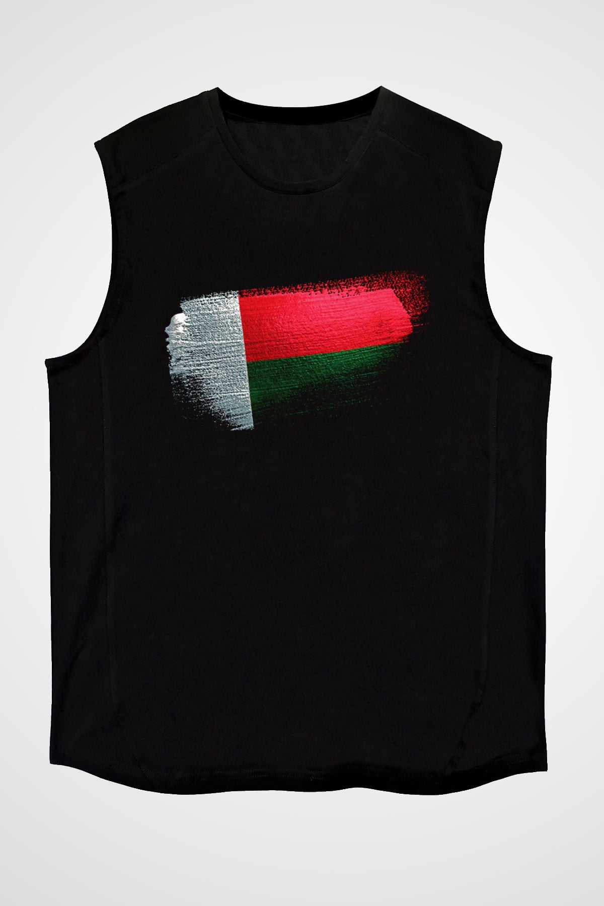 Madagaskar - Madagascar Bayrağı Baskılı Unisex Siyah Kolsuz Tişört
