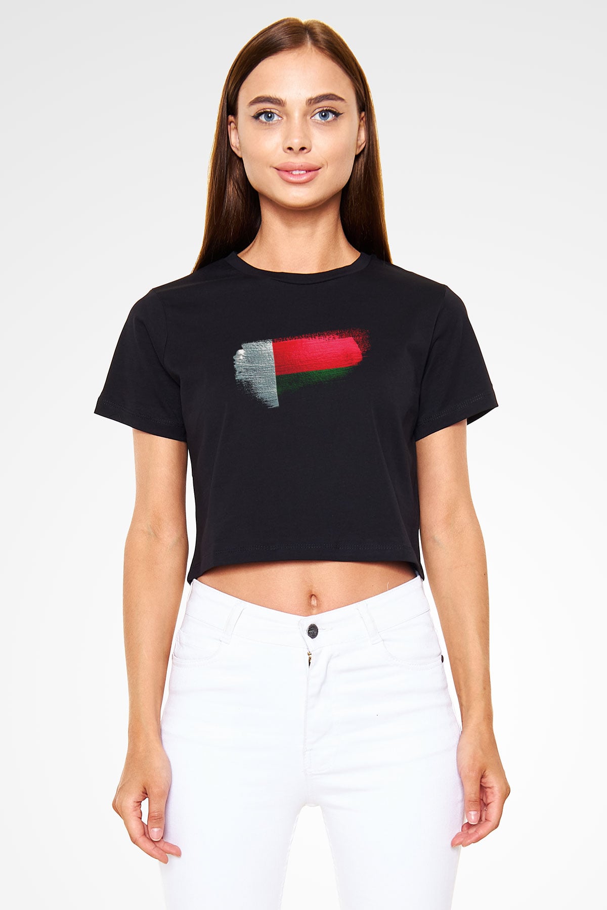 Madagaskar - Madagascar Bayrağı Baskılı Kadın Crop Top Siyah Tişört