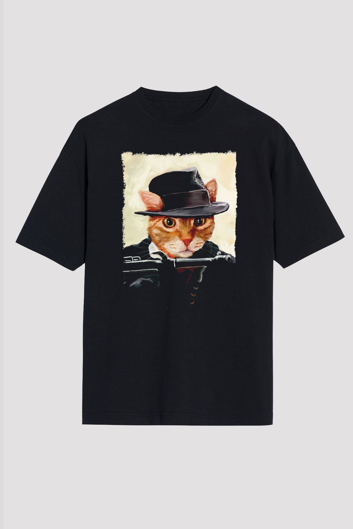 Mafya Kedi Baskılı Unisex Siyah Tişört