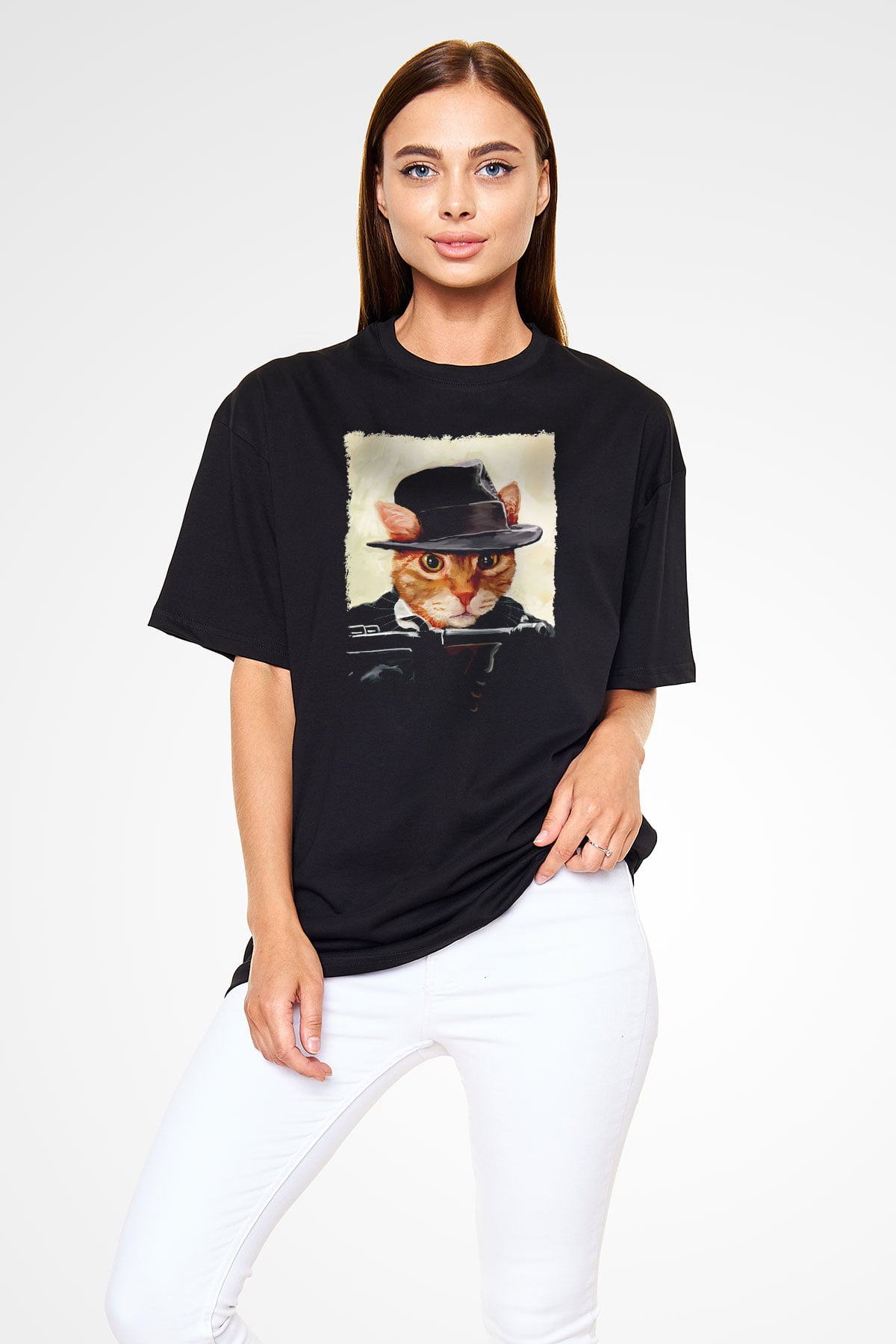 Mafya Kedi Baskılı Unisex Siyah Tişört