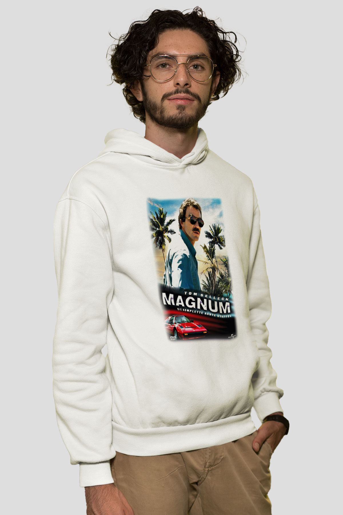 Magnum P.I. Beyaz Unisex Kapşonlu Sweatshirt
