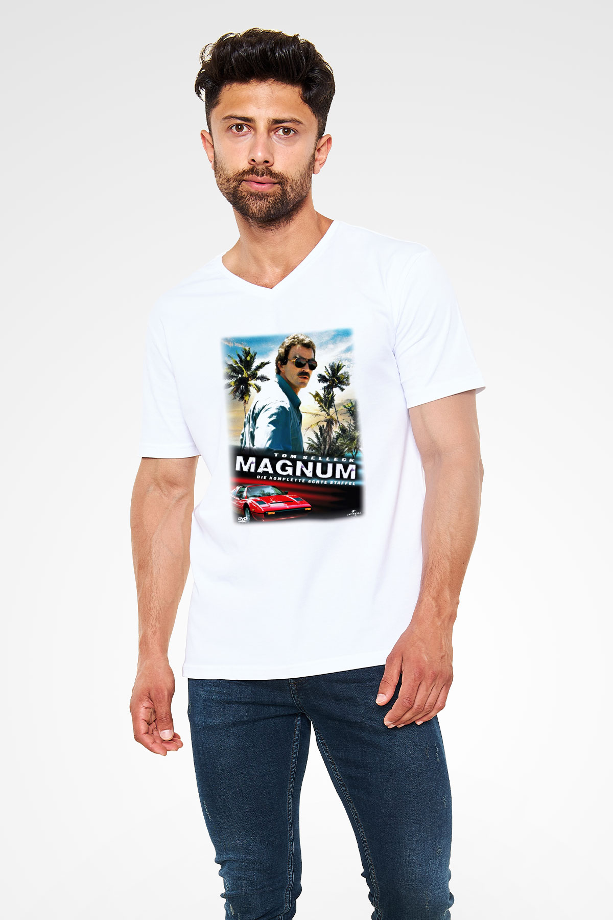 Magnum P.I. Beyaz Unisex V Yaka Tişört T-Shirt