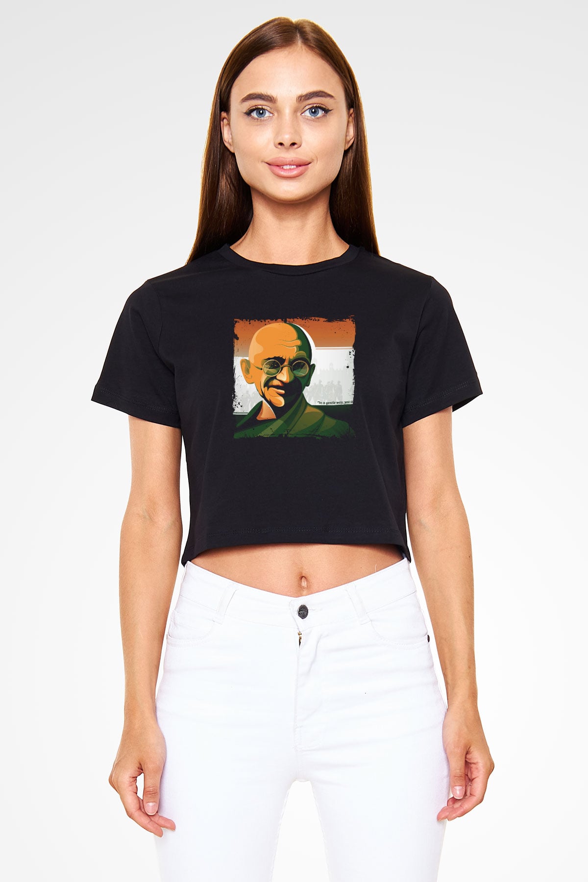 Mahatma Gandi Baskılı Siyah Kadın Crop Top Tişört