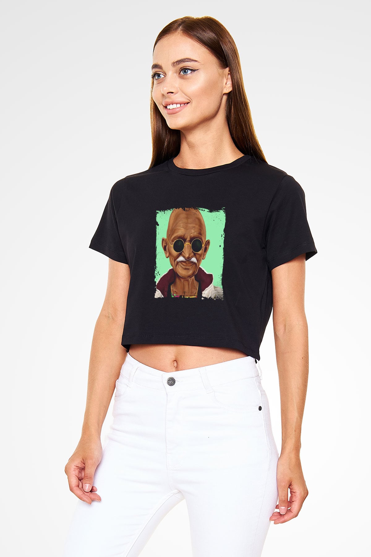 Mahatma Gandi Baskılı Siyah Kadın Crop Top Tişört