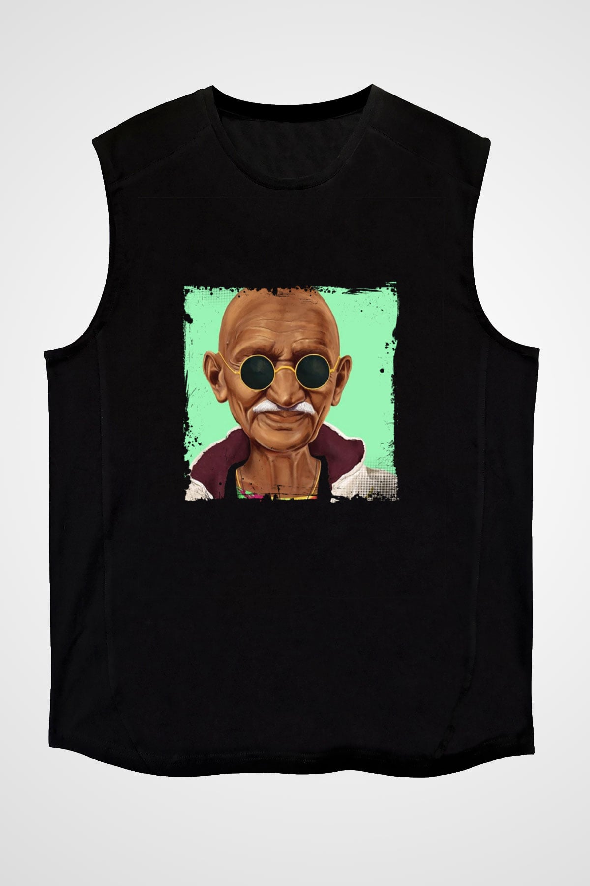 Mahatma Gandi Baskılı Unisex Siyah Kolsuz Tişört
