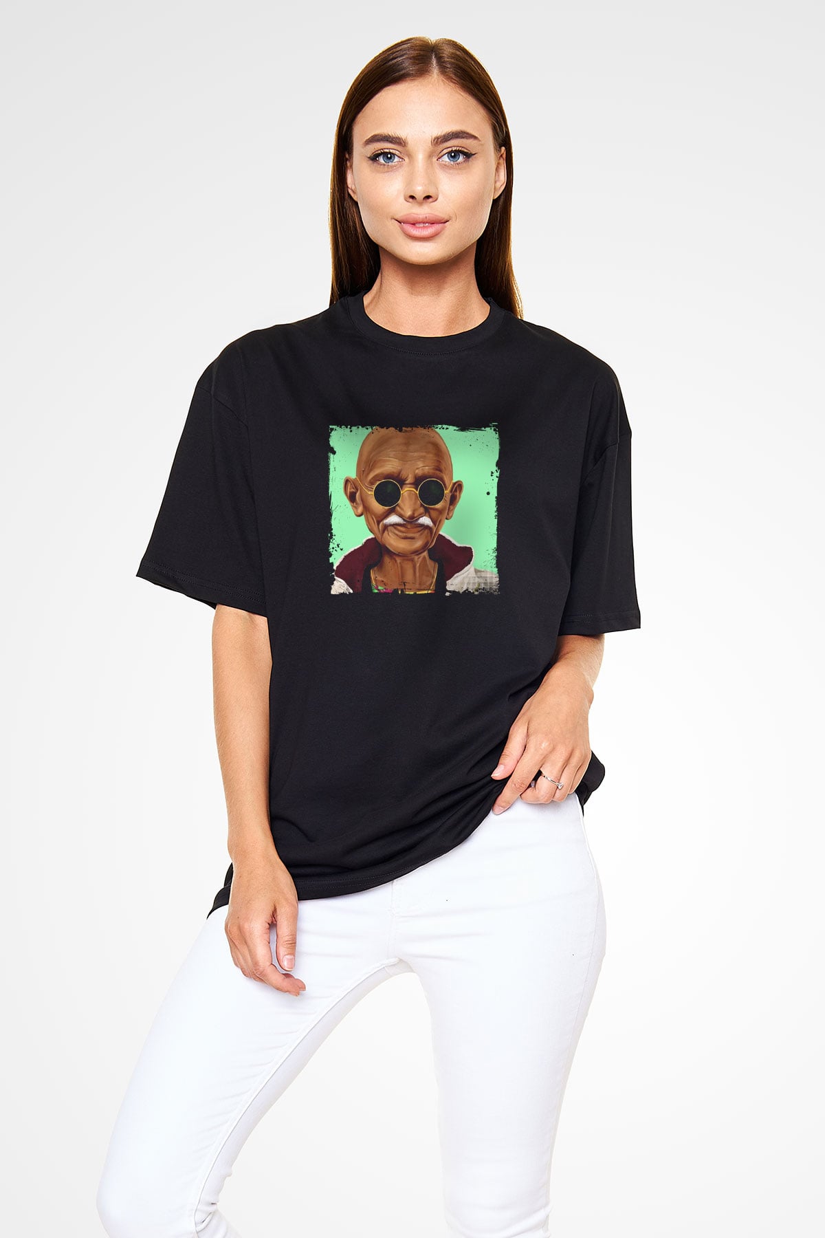 Mahatma Gandi Baskılı Unisex Siyah Oversize Tişört