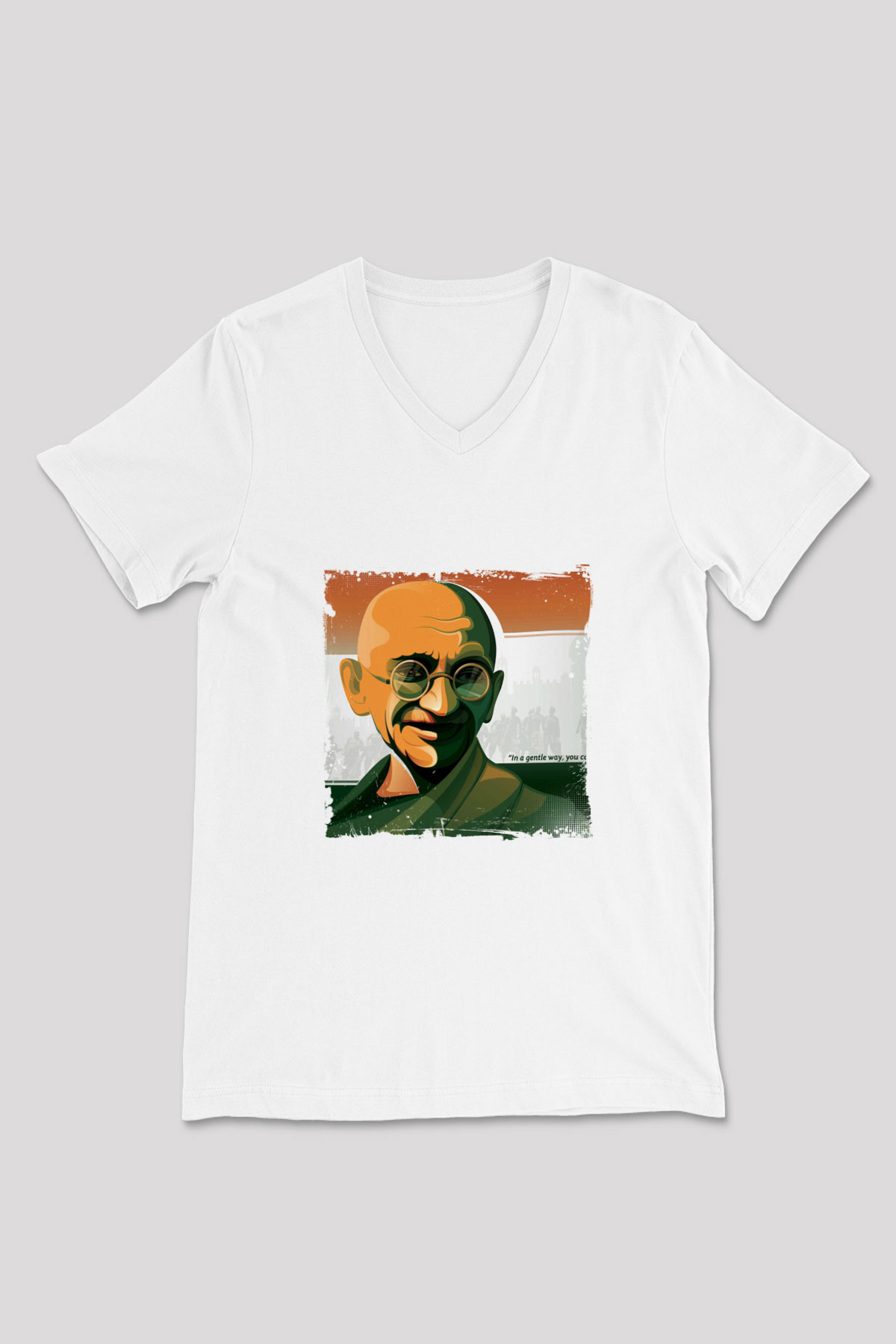 Mahatma Gandi Baskılı V Yaka Unisex Beyaz Tişört