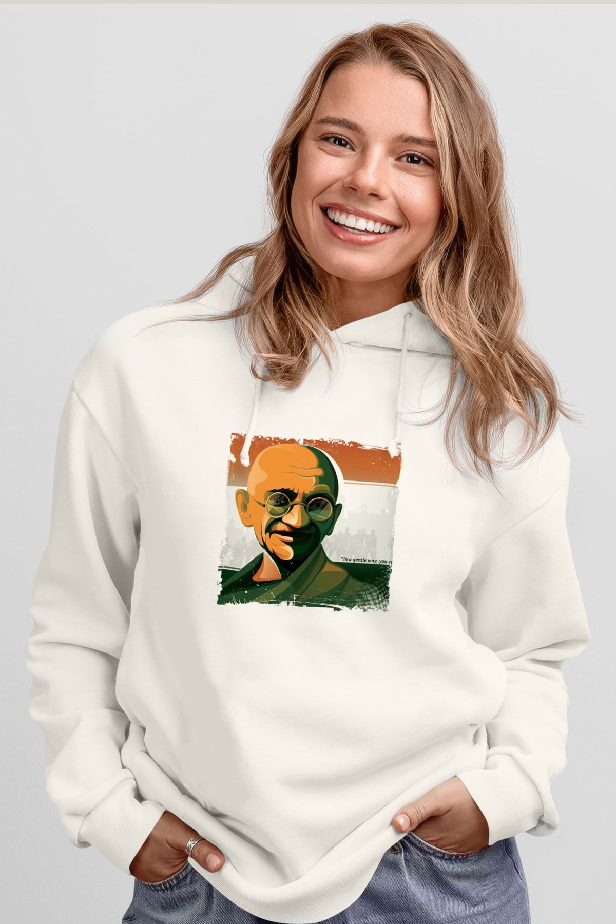 Mahatma Gandi Unisex Baskılı Beyaz Kapüşonlu Sweatshirt