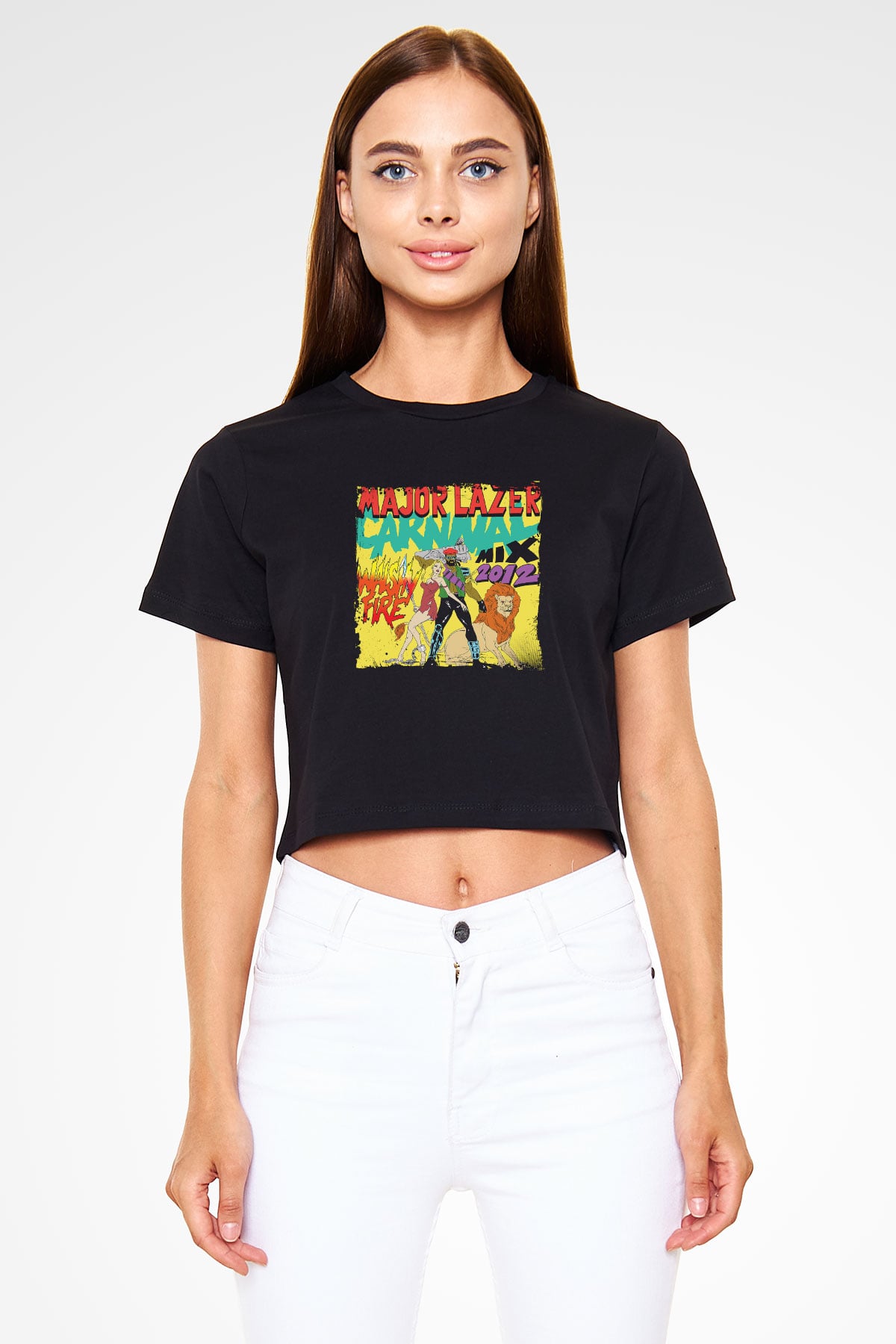 Major Lazer Baskılı Crop Top Siyah Kadın Tişört