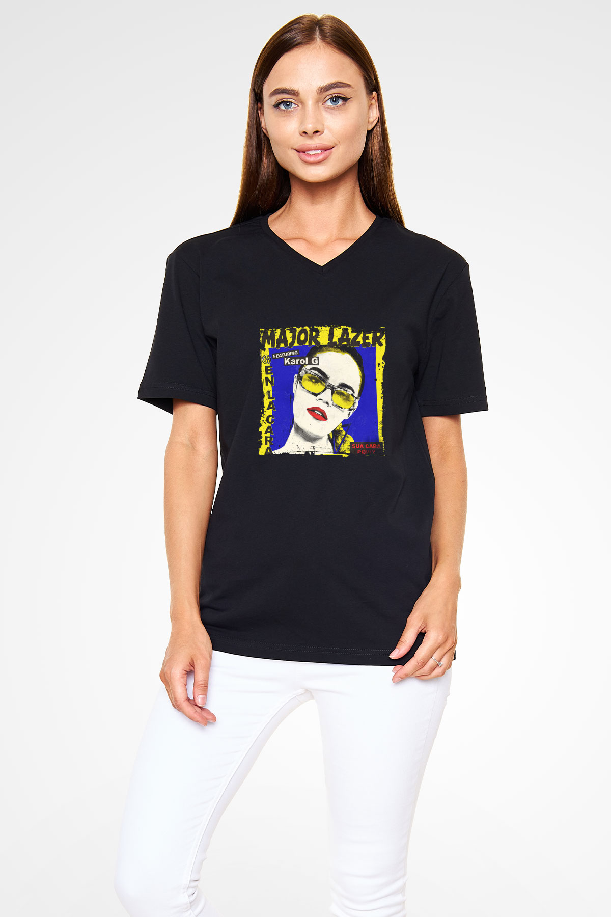 Major Lazer Baskılı Unisex Siyah V Yaka Tişört