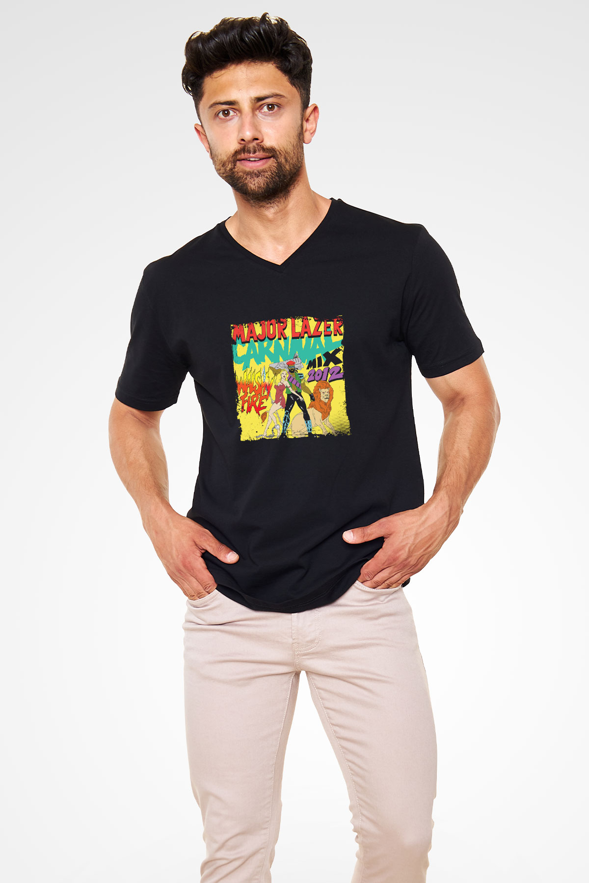 Major Lazer Baskılı Unisex Siyah V Yaka Tişört