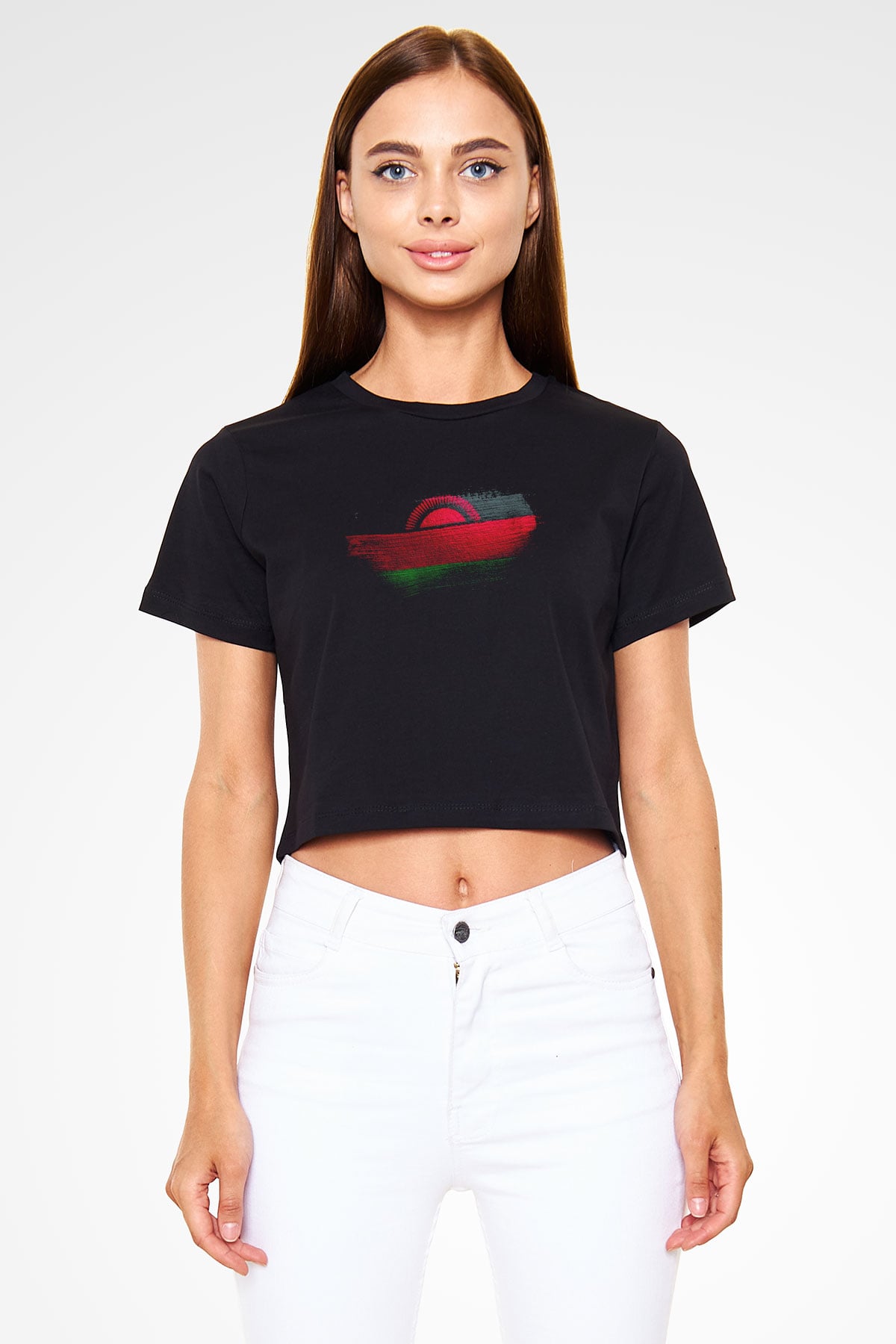 Malavi - Malawi Bayrağı Baskılı Kadın Crop Top Siyah Tişört