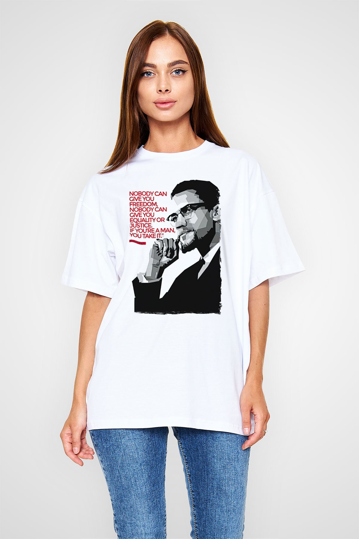 Malcolm X James Baskılı Beyaz Unisex Oversize Tişört - Tshirt