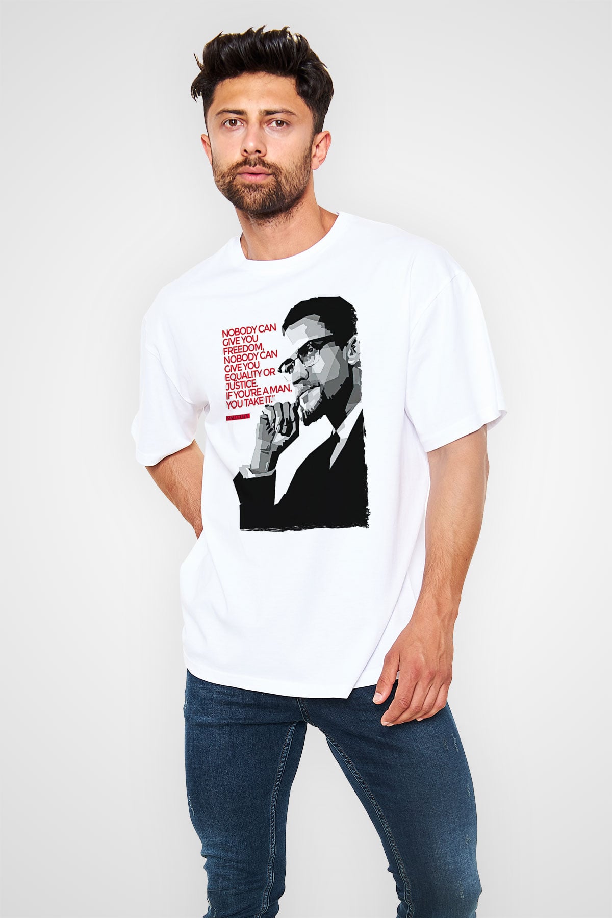 Malcolm X James Baskılı Beyaz Unisex Oversize Tişört - Tshirt