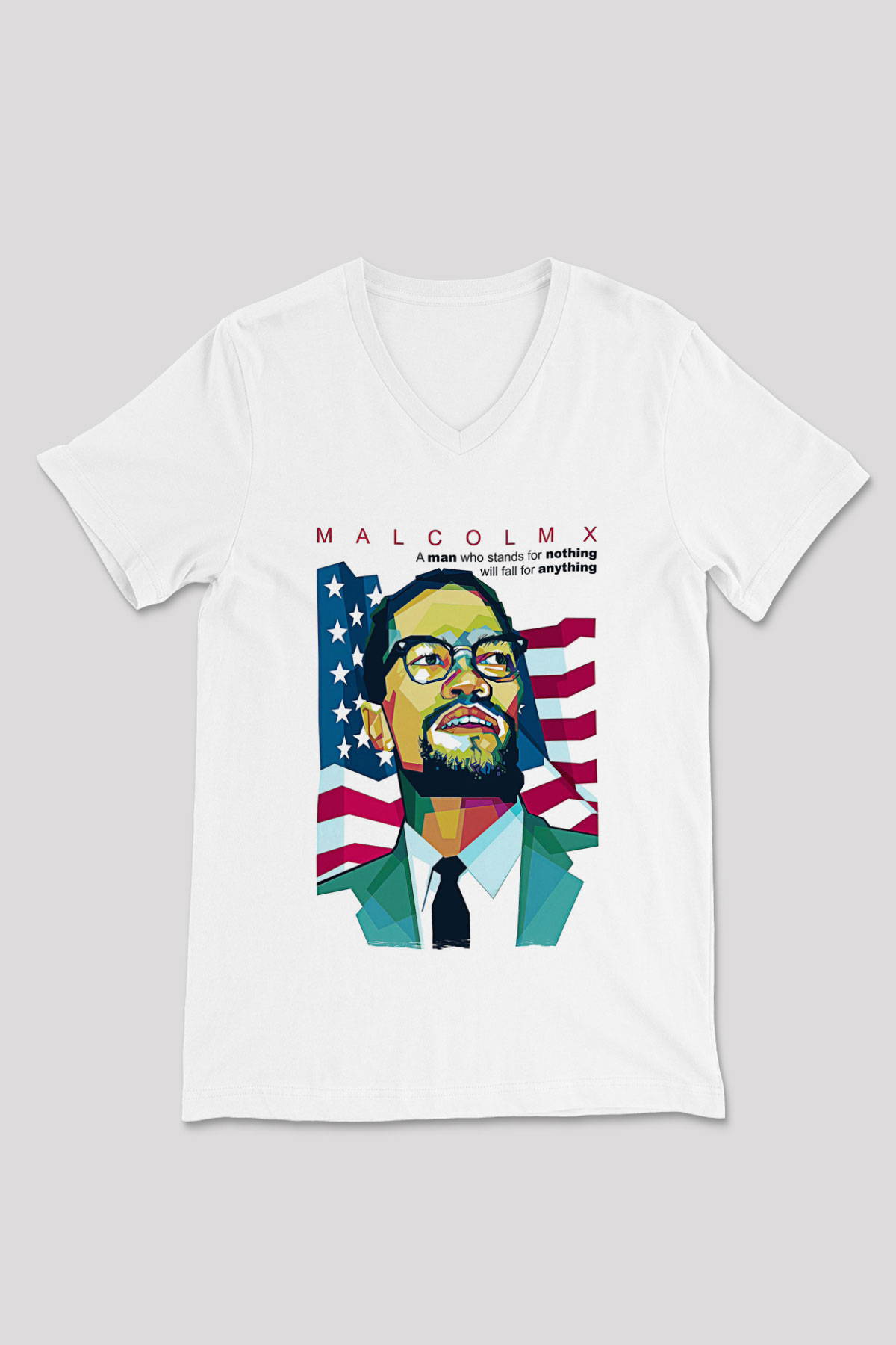 Malcolm X James Baskılı Beyaz Unisex V Yaka Tişört - Tshirt
