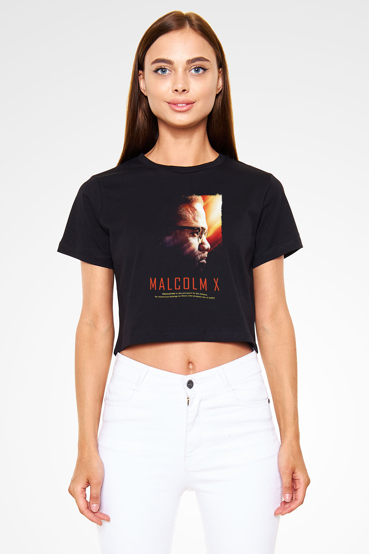 Malcolm X James Baskılı Siyah Crop Top Kadın Tişört - Tshirt
