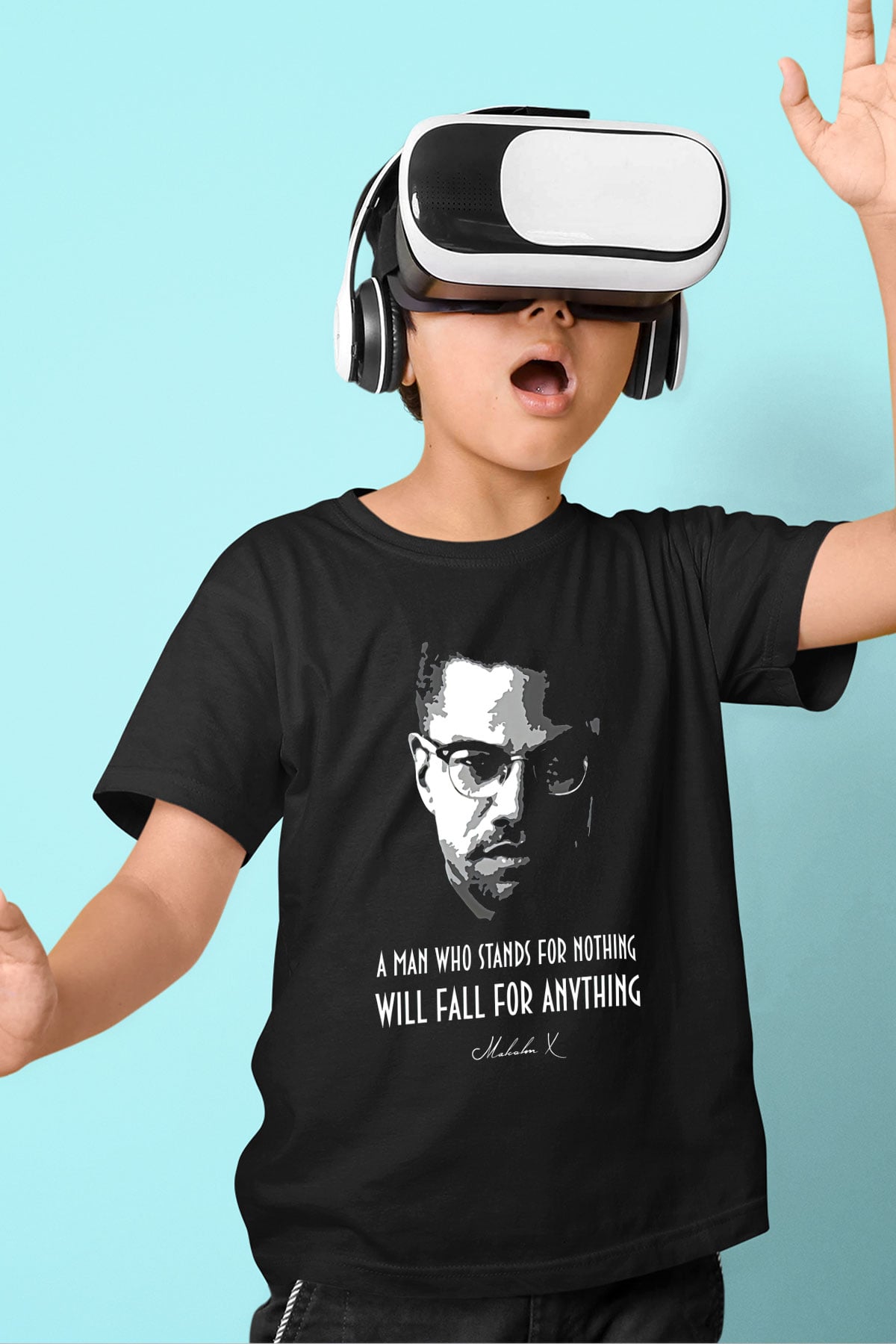 Malcolm X James Baskılı Unisex Siyah Çocuk Tişört - Tshirt