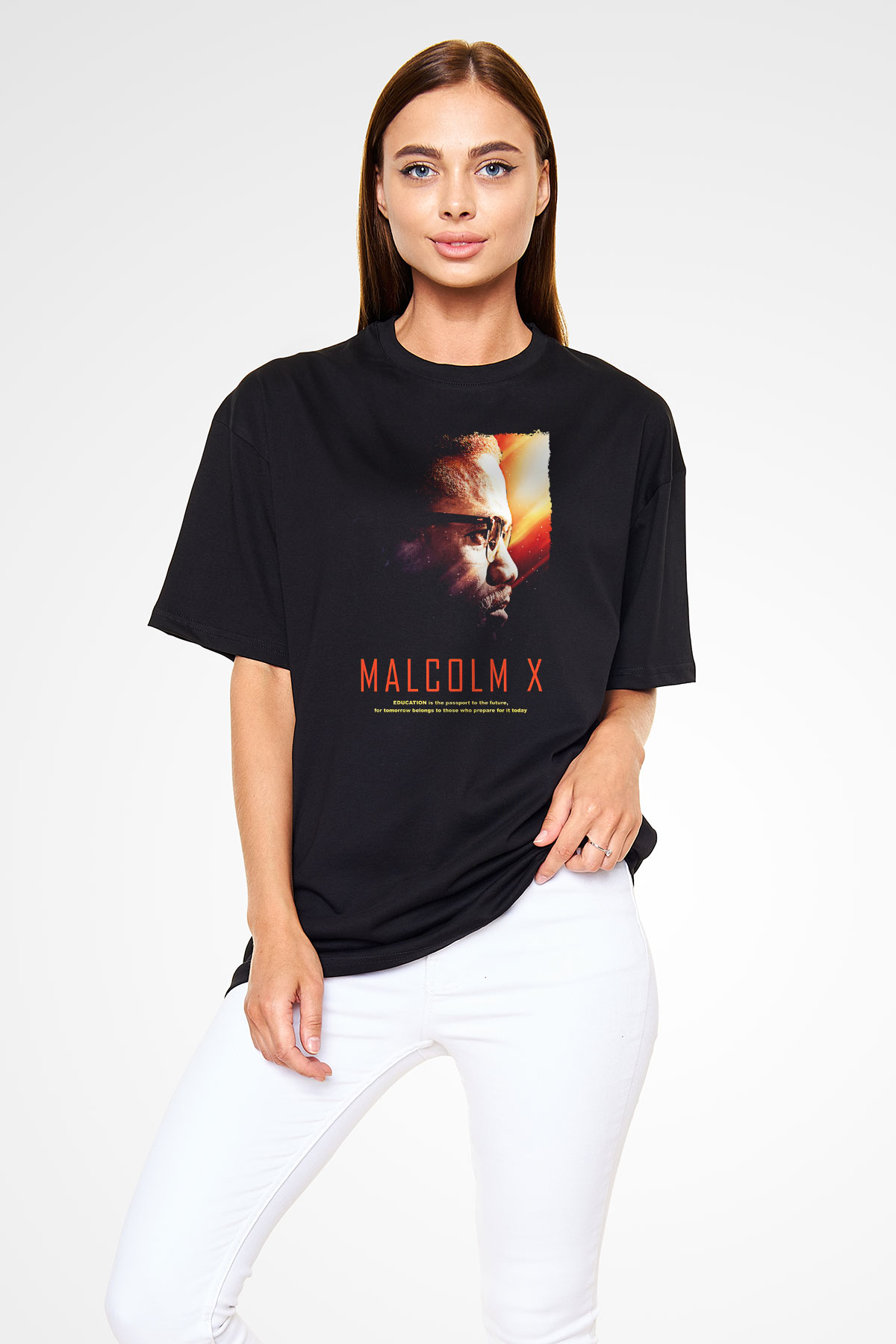 Malcolm X James Baskılı Unisex Siyah Oversize Tişört - Tshirt
