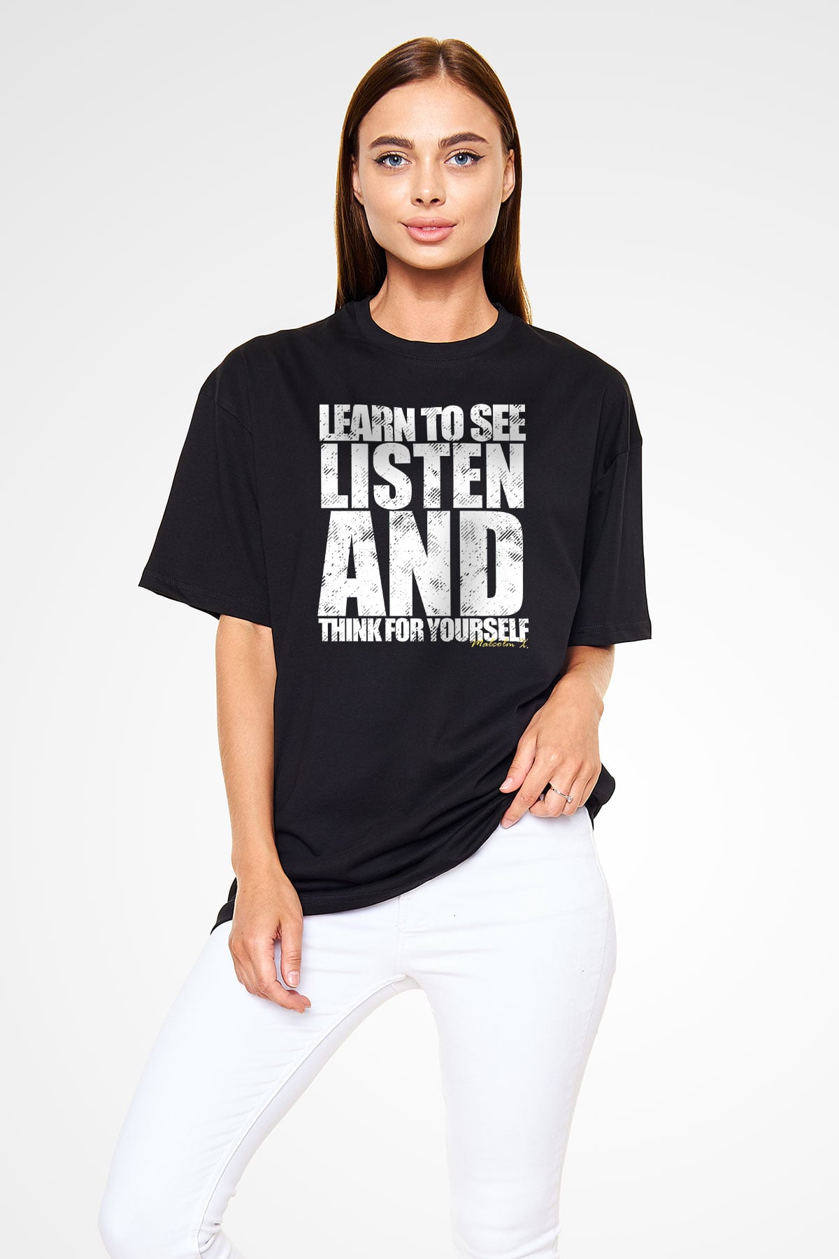 Malcolm X James Baskılı Unisex Siyah Oversize Tişört - Tshirt