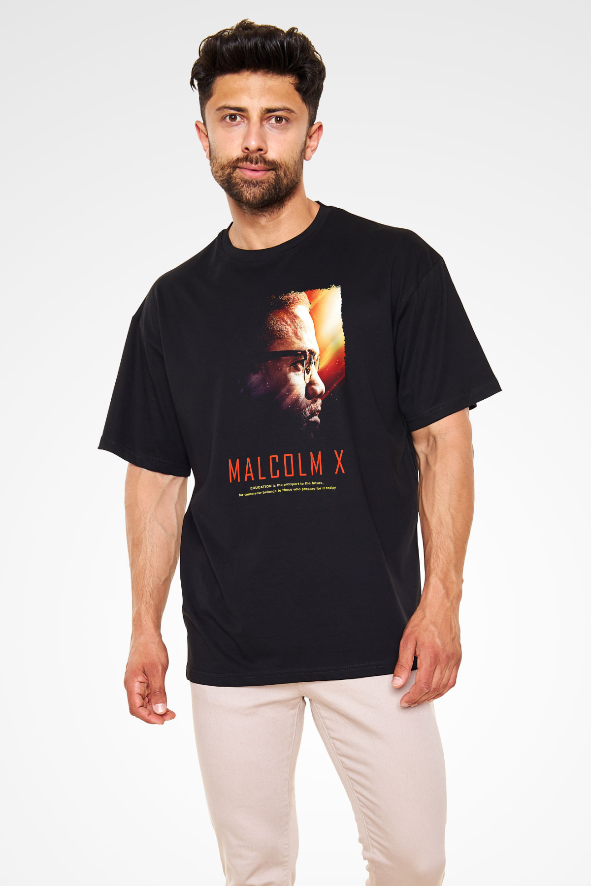 Malcolm X James Baskılı Unisex Siyah Oversize Tişört - Tshirt