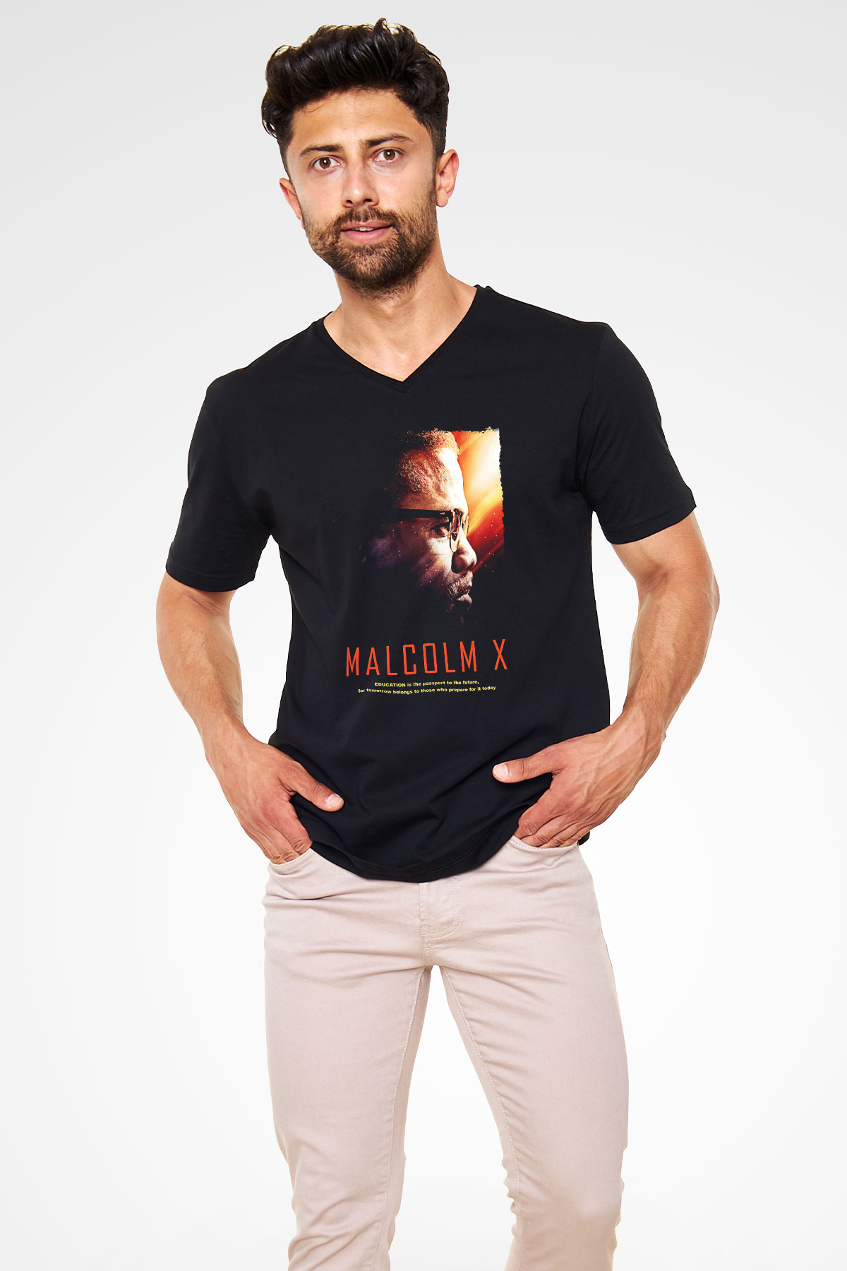 Malcolm X James Baskılı Unisex Siyah V Yaka Tişört - Tshirt