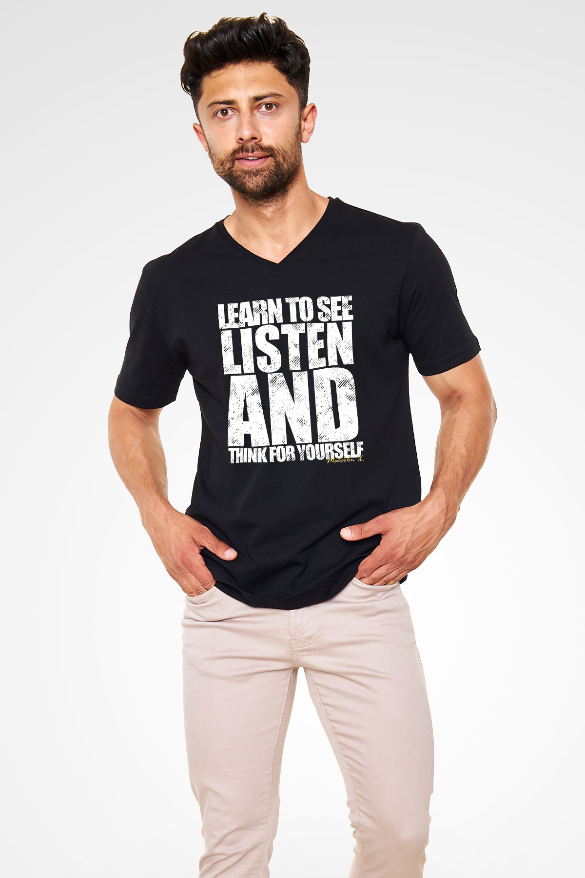Malcolm X James Baskılı Unisex Siyah V Yaka Tişört - Tshirt