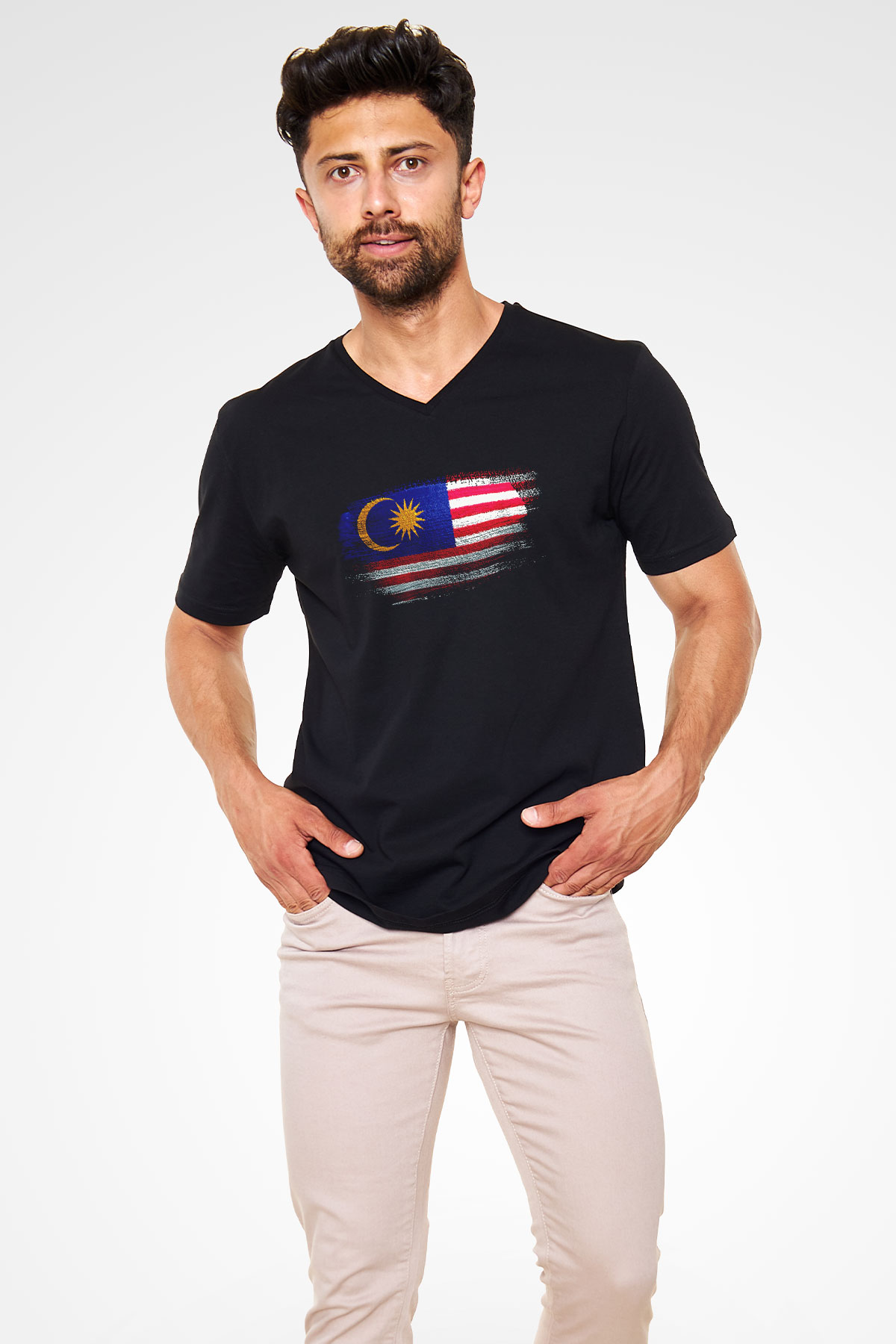 Malezya - Malaysia Bayrağı Baskılı Unisex Siyah V Yaka Tişört