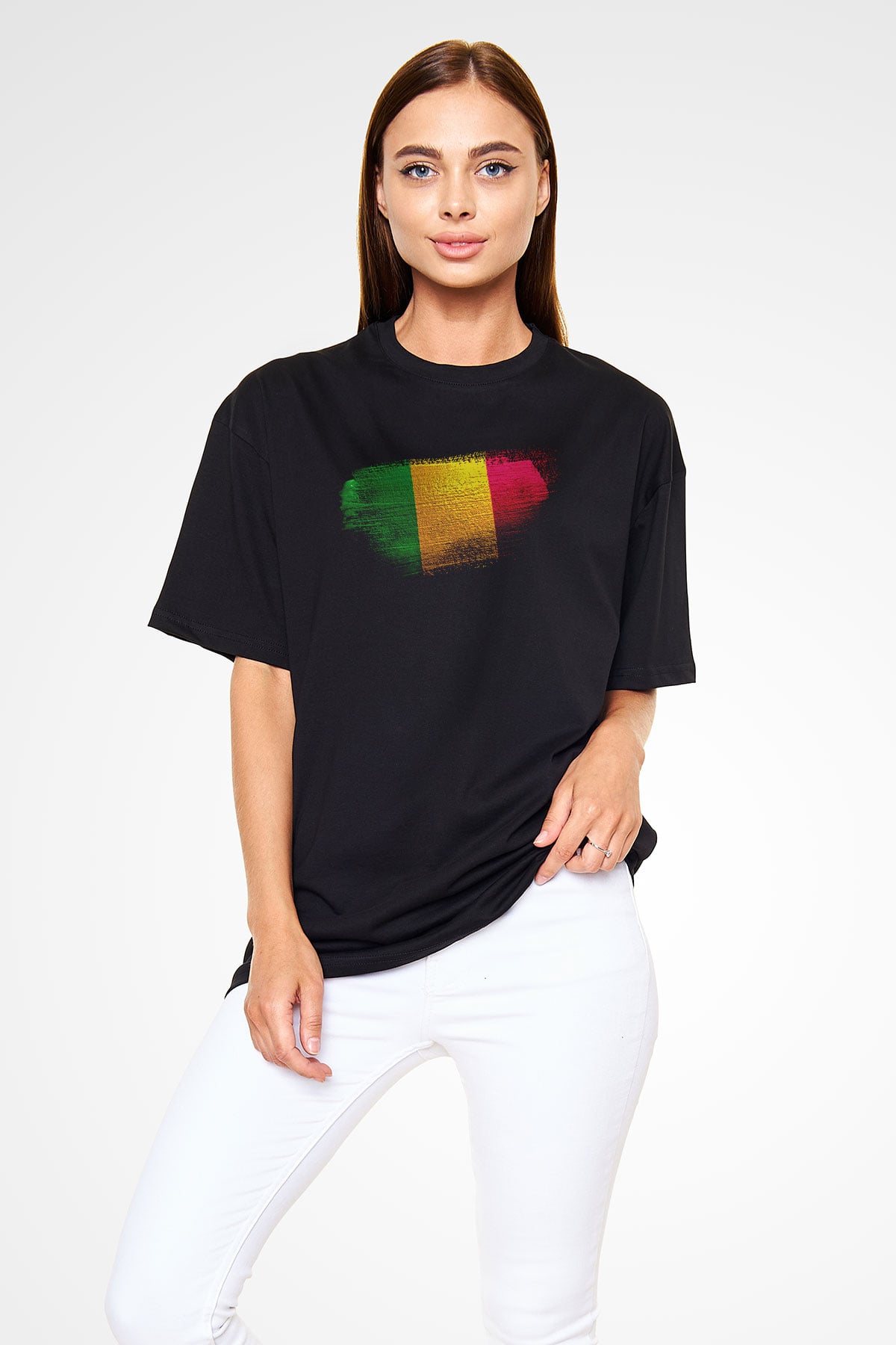 Mali Bayrağı Baskılı Unisex Siyah Oversize Tişört