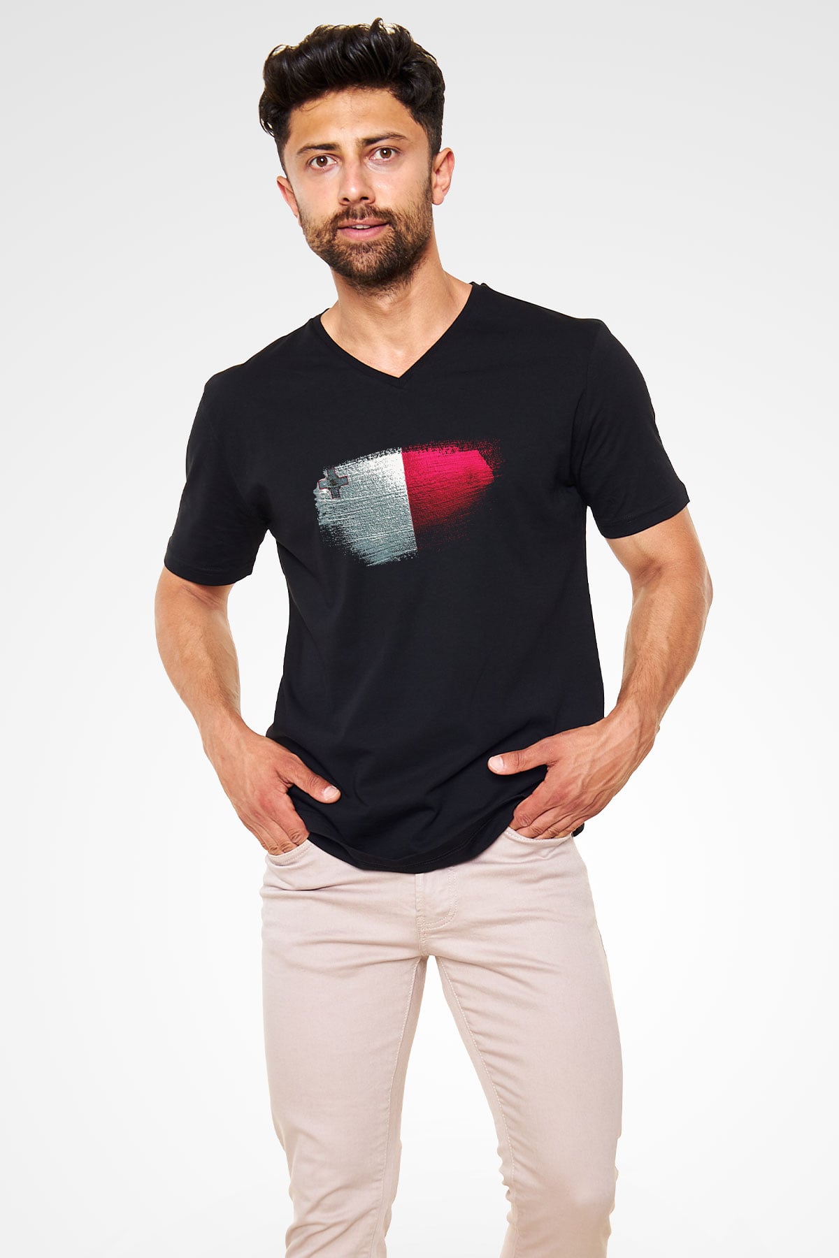 Malta Bayrağı Baskılı Unisex Siyah V Yaka Tişört