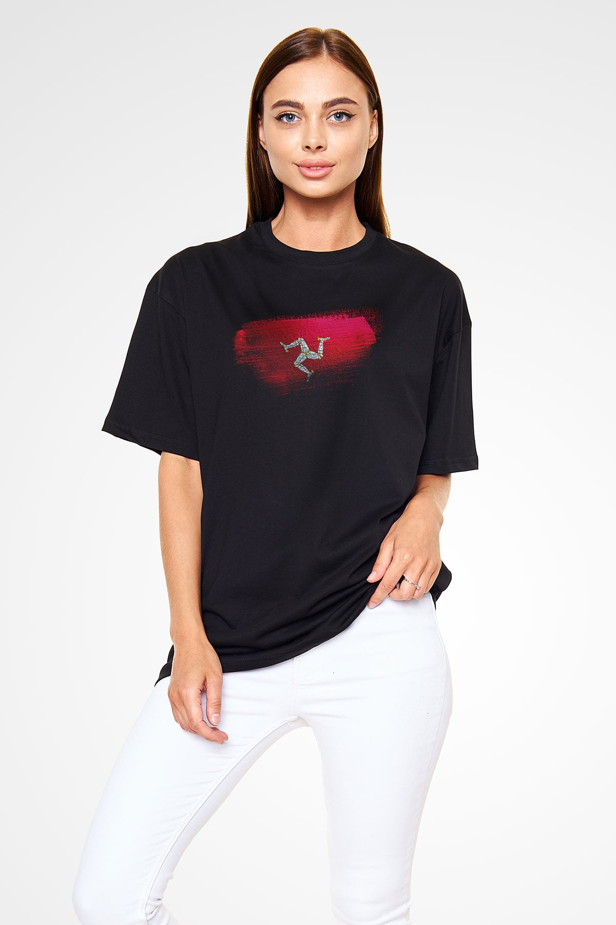 Man Adası - İsle Man Bayrağı Baskılı Unisex Siyah Oversize Tişört