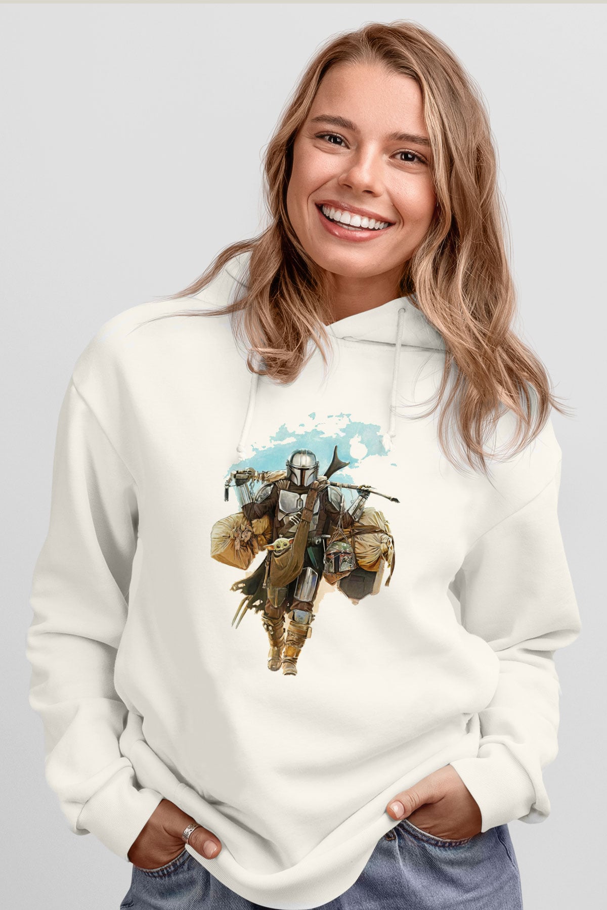 Mandalorian Baskılı Beyaz Unisex Hoodie