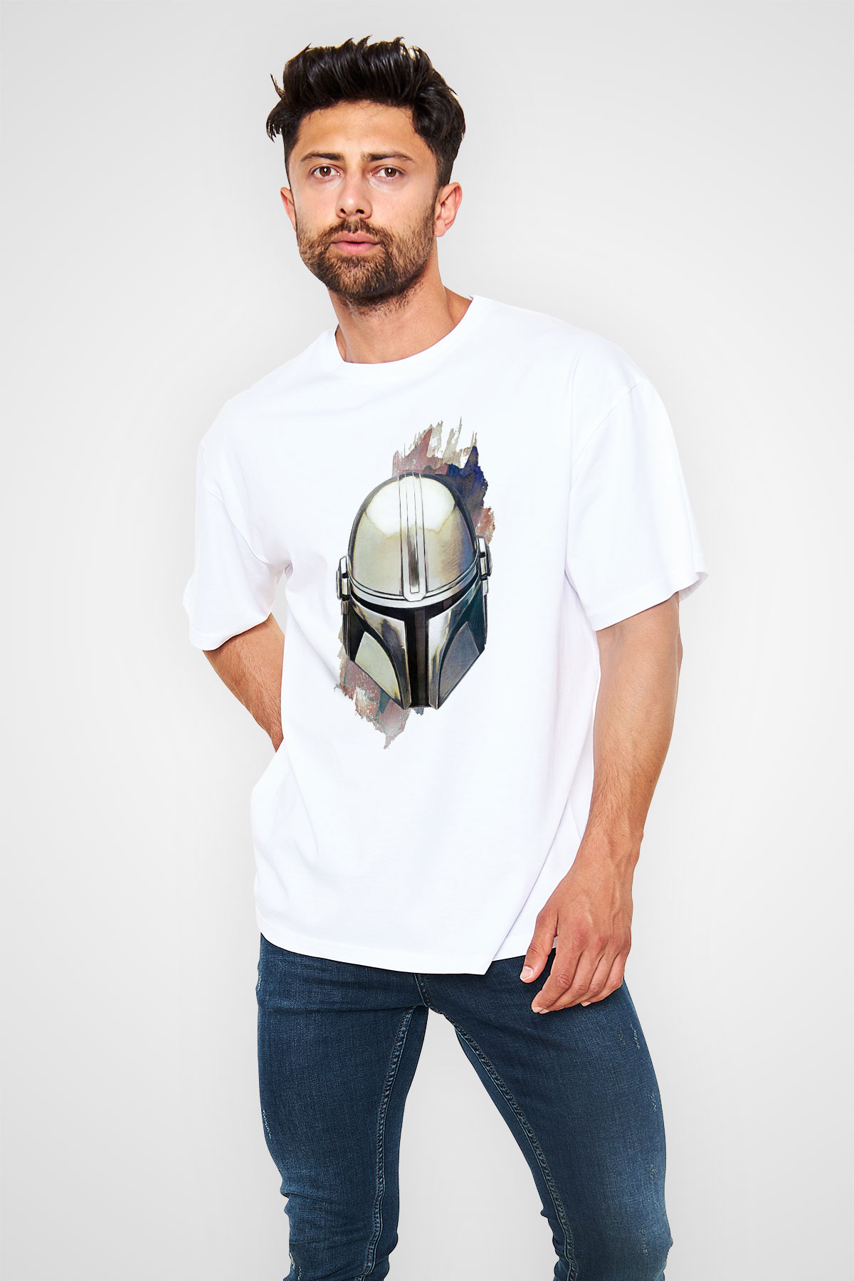 Mandalorian Baskılı Beyaz Unisex Oversize Tişört - Tshirt