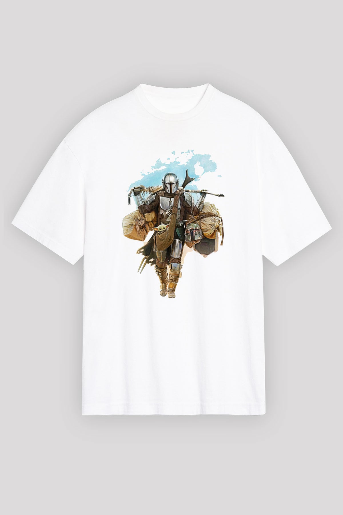 Mandalorian Baskılı Beyaz Unisex Oversize Tişört - Tshirt
