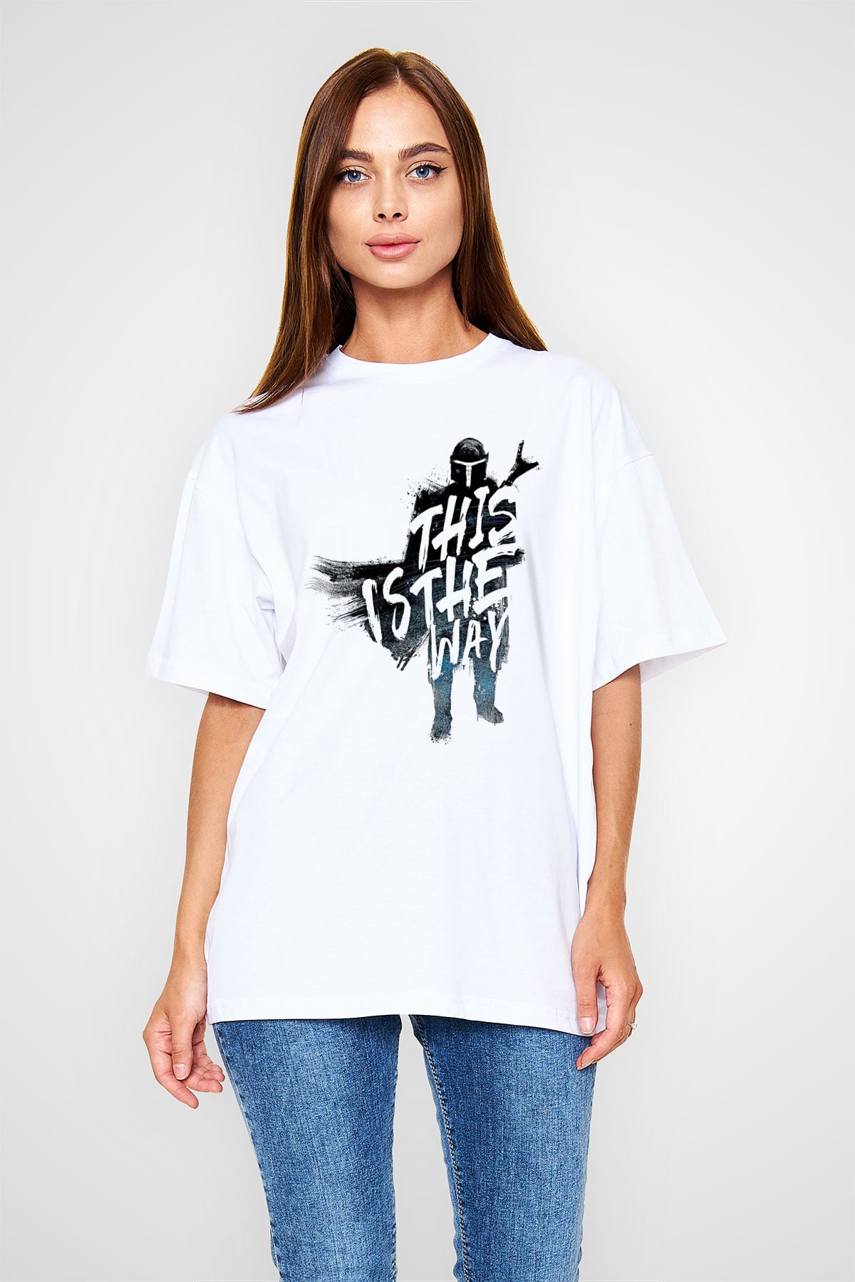 Mandalorian Baskılı Beyaz Unisex Oversize Tişört - Tshirt