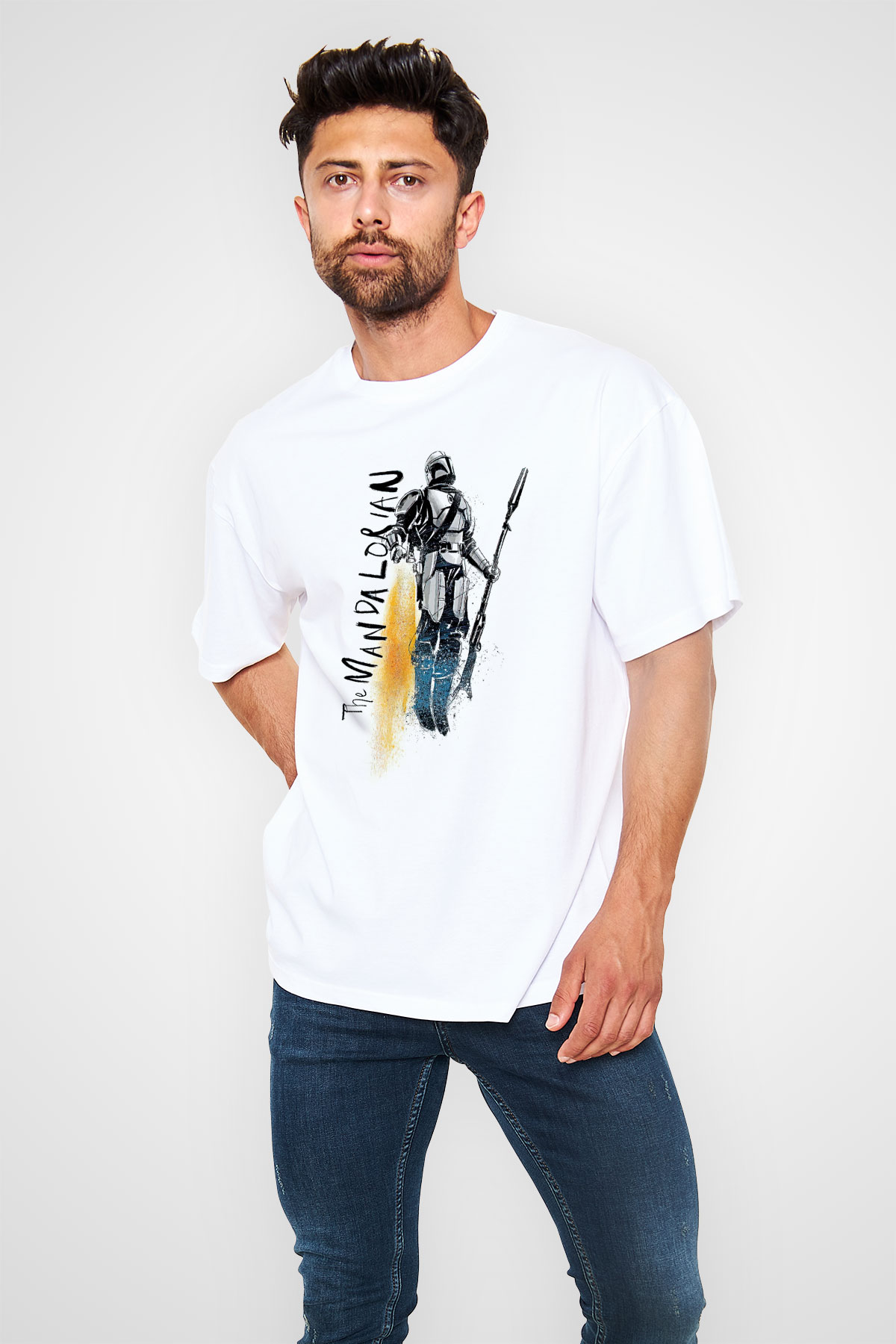Mandalorian Baskılı Beyaz Unisex Oversize Tişört - Tshirt