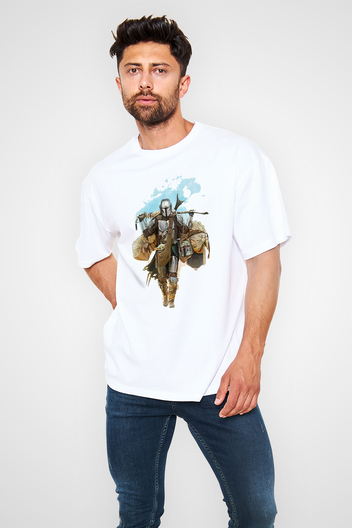 Mandalorian Baskılı Beyaz Unisex Oversize Tişört - Tshirt