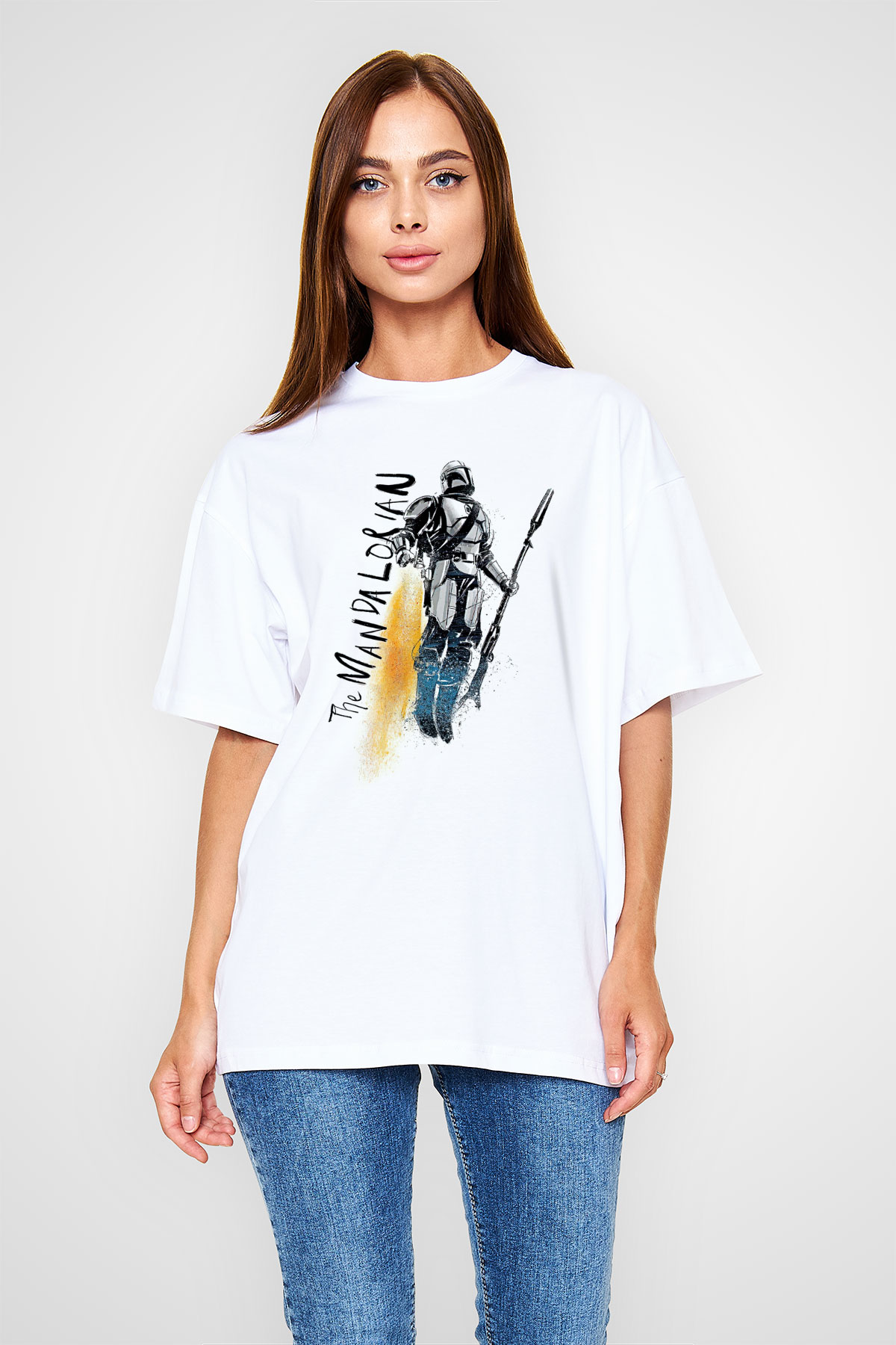 Mandalorian Baskılı Beyaz Unisex Oversize Tişört - Tshirt