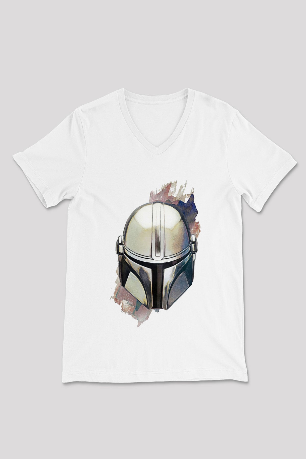 Mandalorian Baskılı Beyaz Unisex V Yaka Tişört - Tshirt