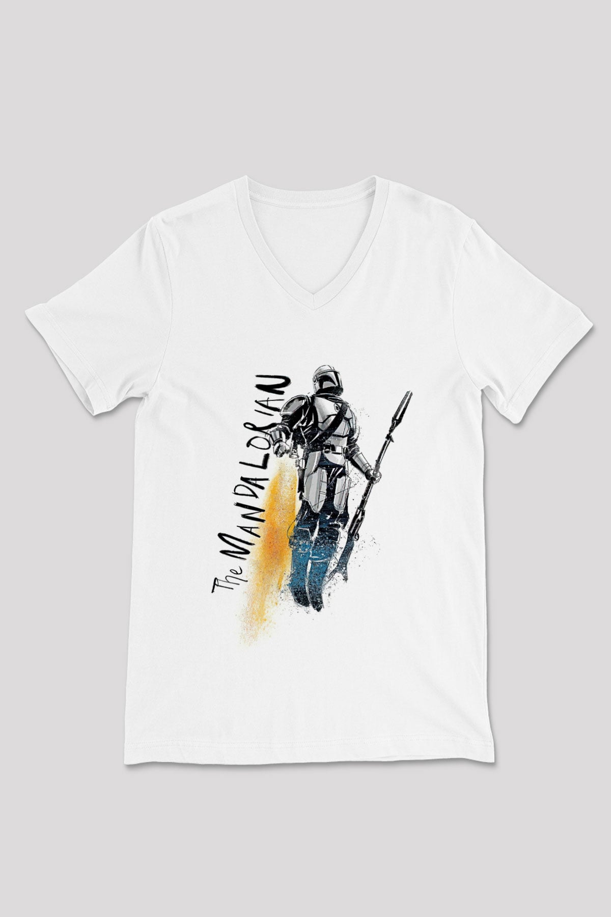 Mandalorian Baskılı Beyaz Unisex V Yaka Tişört - Tshirt