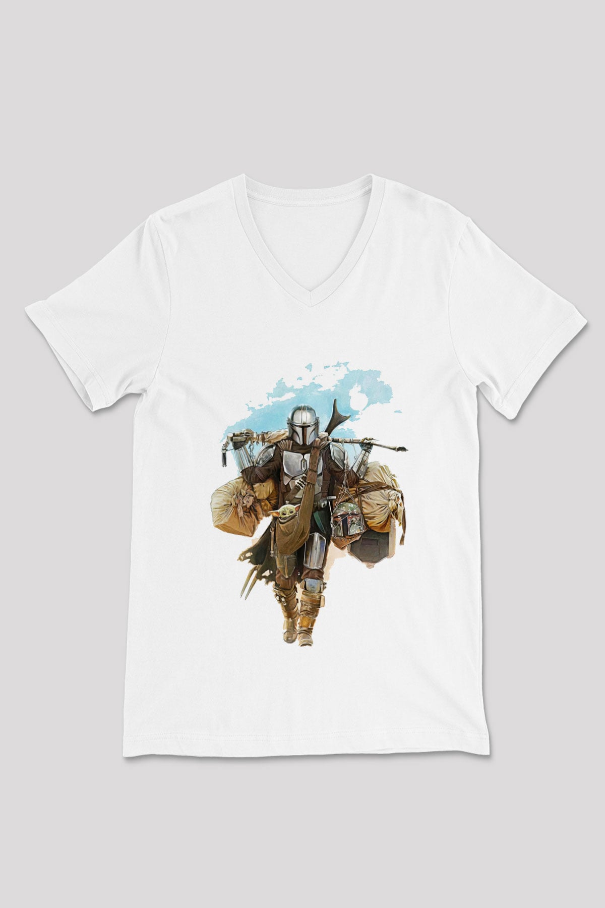 Mandalorian Baskılı Beyaz Unisex V Yaka Tişört - Tshirt