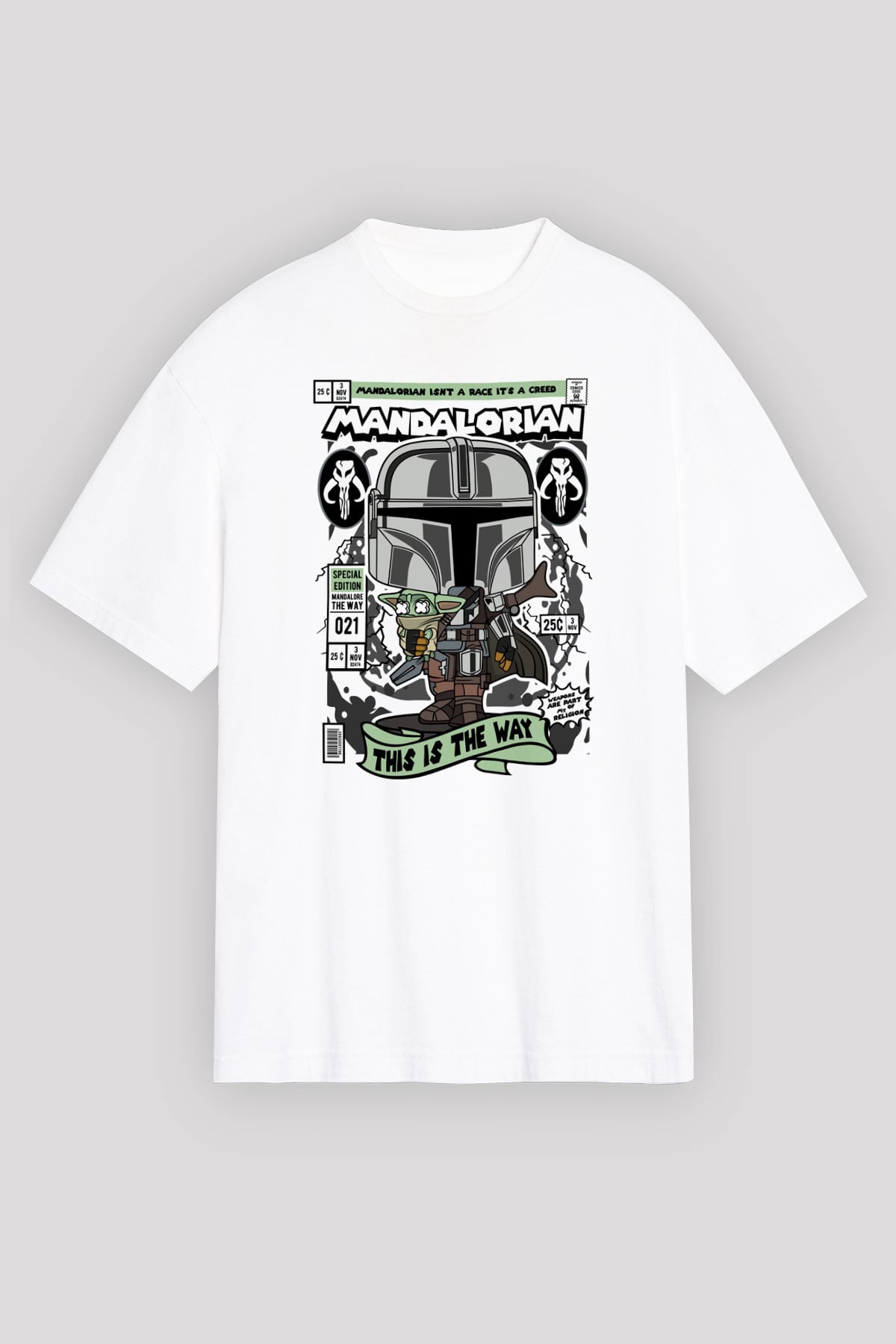 Mandalorian Baskılı Unisex Beyaz Oversize Tişört