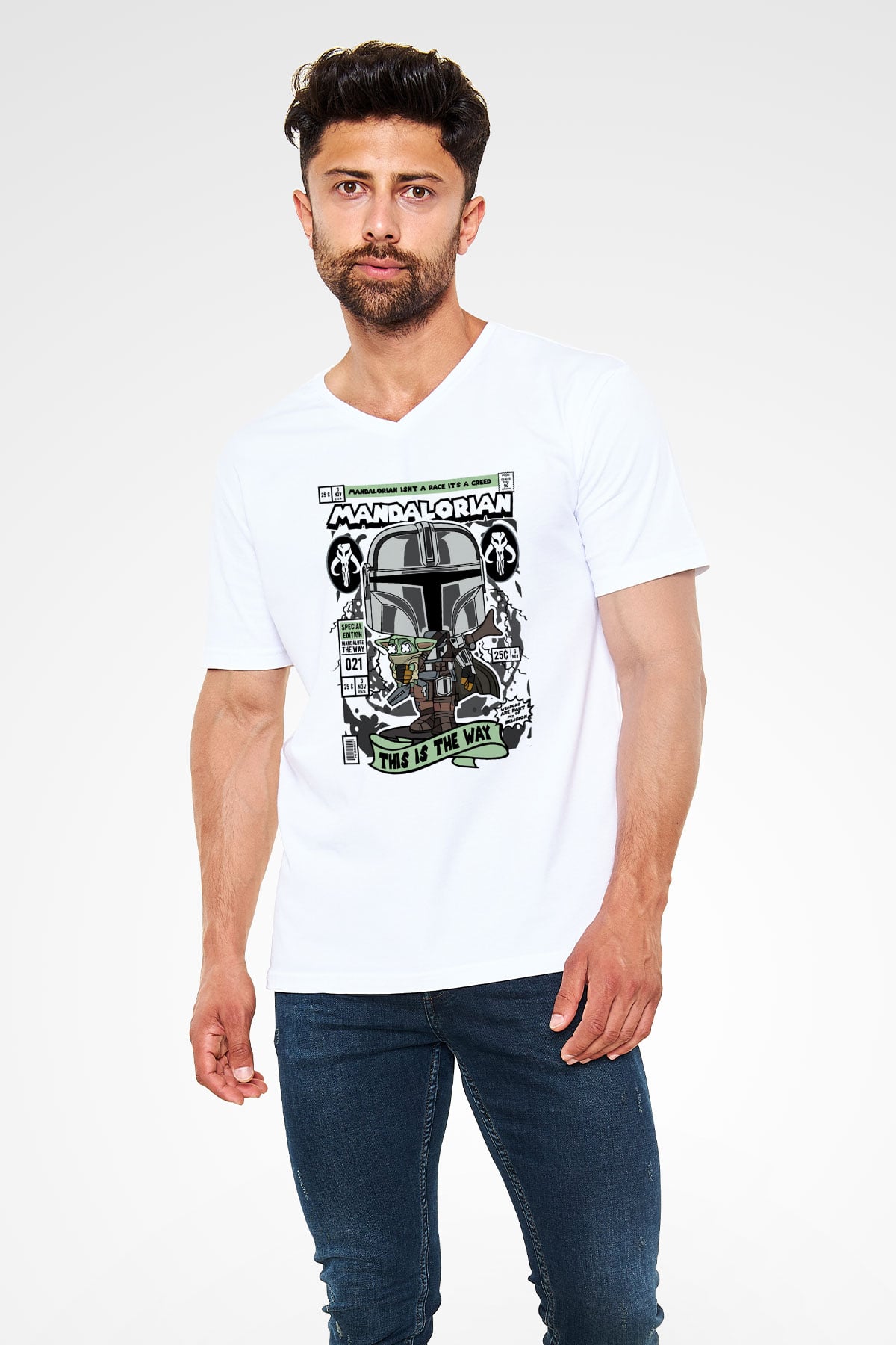 Mandalorian Baskılı Unisex Beyaz V Yaka Tişört