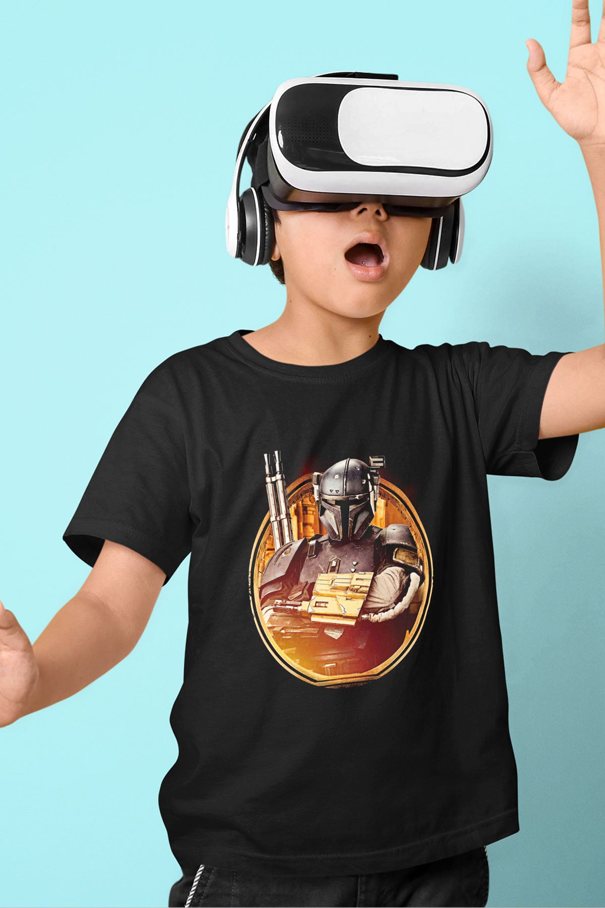 Mandalorian Baskılı Unisex Siyah Çocuk Tişört - Tshirt