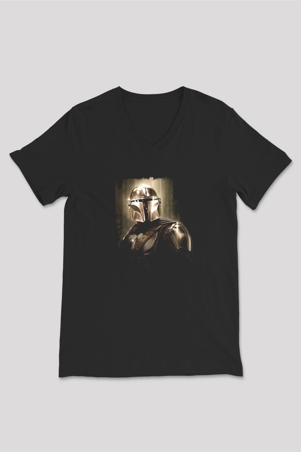 Mandalorian Baskılı Unisex Siyah V Yaka Tişört - Tshirt