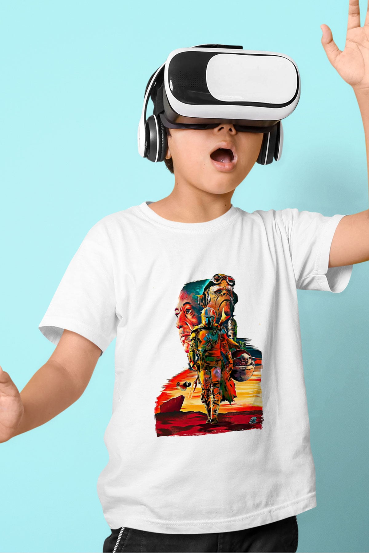 Mandolarian Baskılı Beyaz Unisex Beyaz Çocuk Tişört - Tshirt
